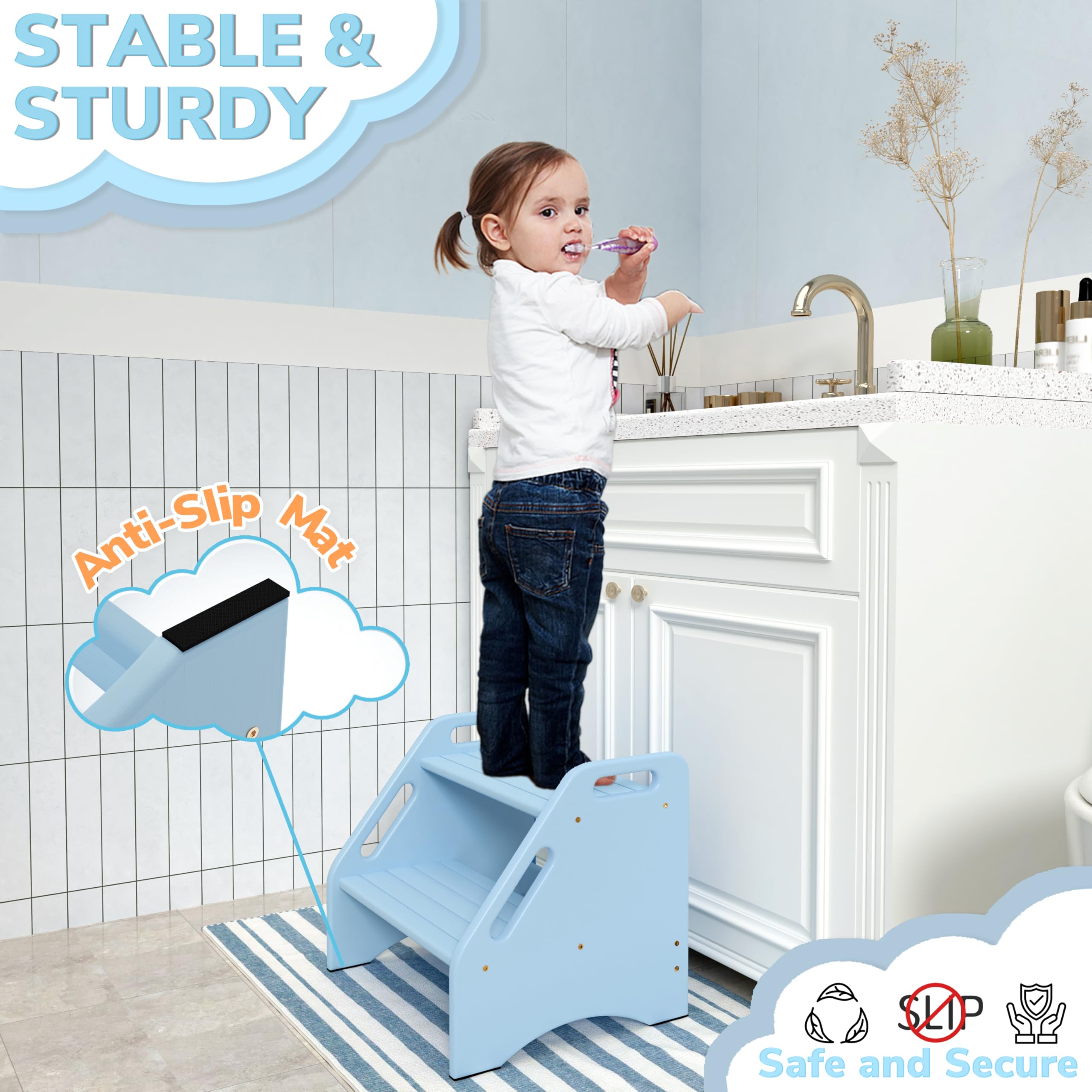 AMBIRD two step stool crossbar and four non slip pads enhance stability on floors