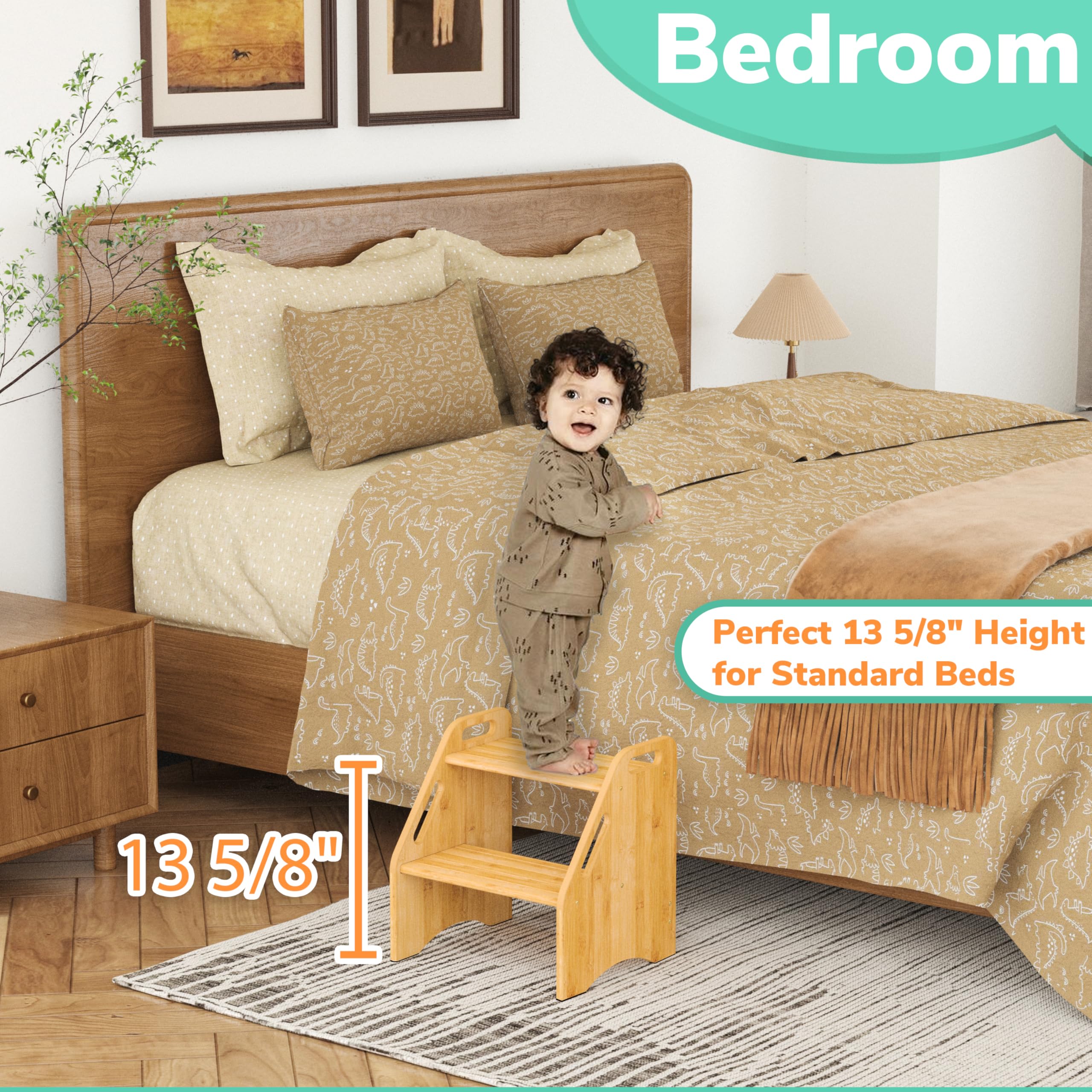 AMBIRD wooden step stool in bathroom scene demonstrates safe placement and daily use.