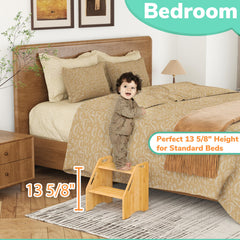 AMBIRD wooden step stool in bathroom scene demonstrates safe placement and daily use.