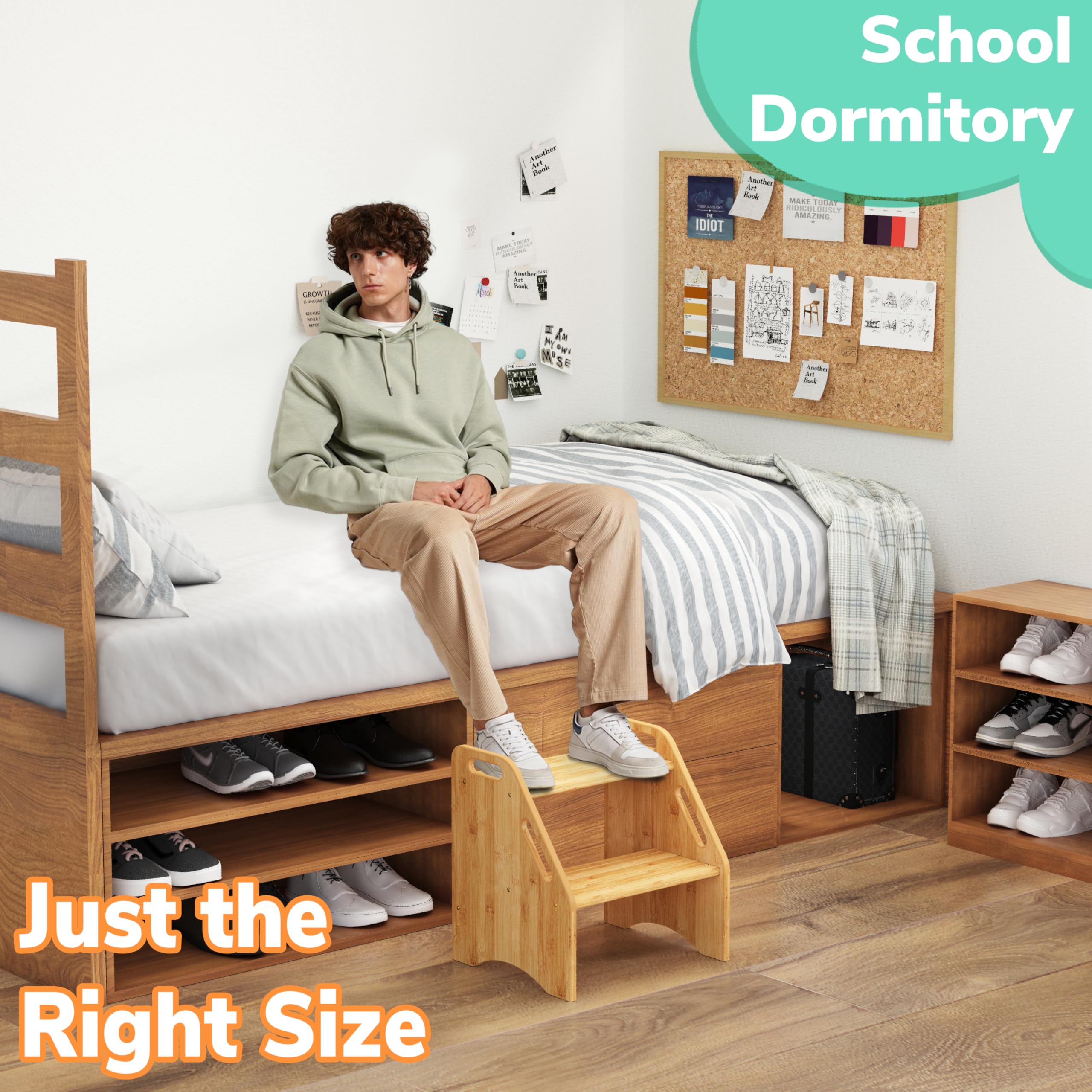 AMBIRD stool being used by a child at the sink with sturdy handles.