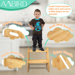 AMBIRD wooden step stool side profile shows sturdy build and height for reach.