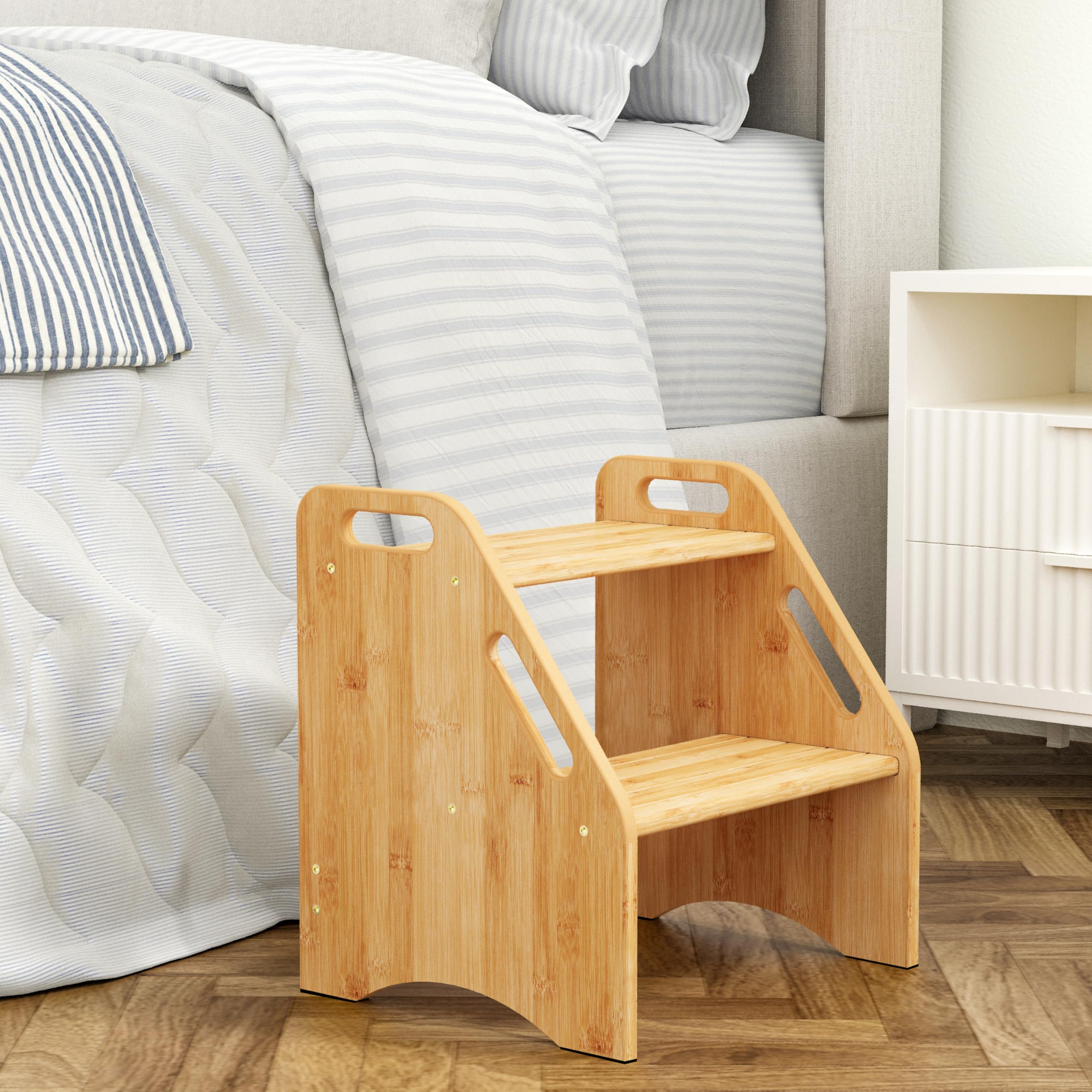 AMBIRD wooden step stool top view highlights compact profile for easy bed access.