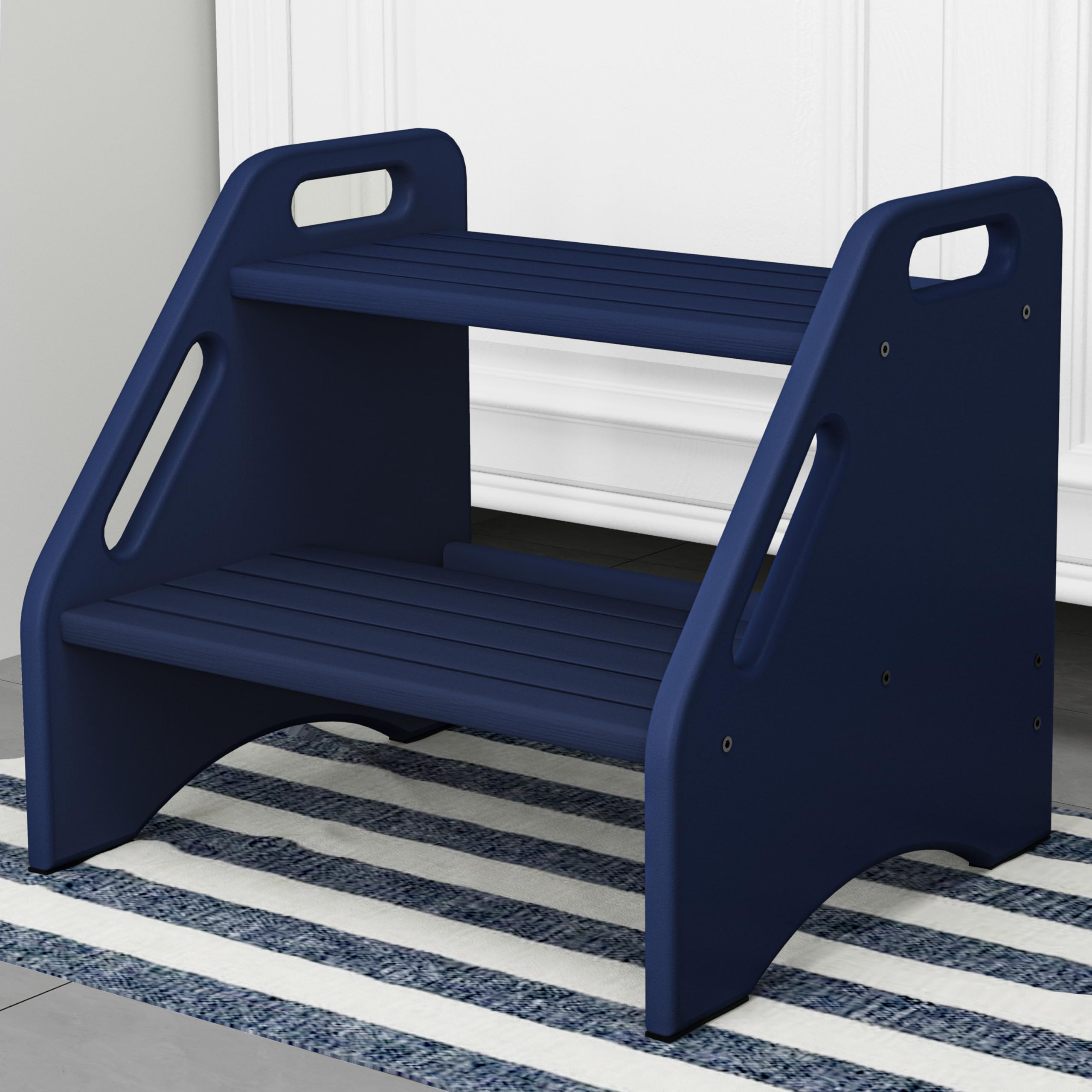 AMBIRD wooden two-step stool in navy helps kids reach sinks safely.