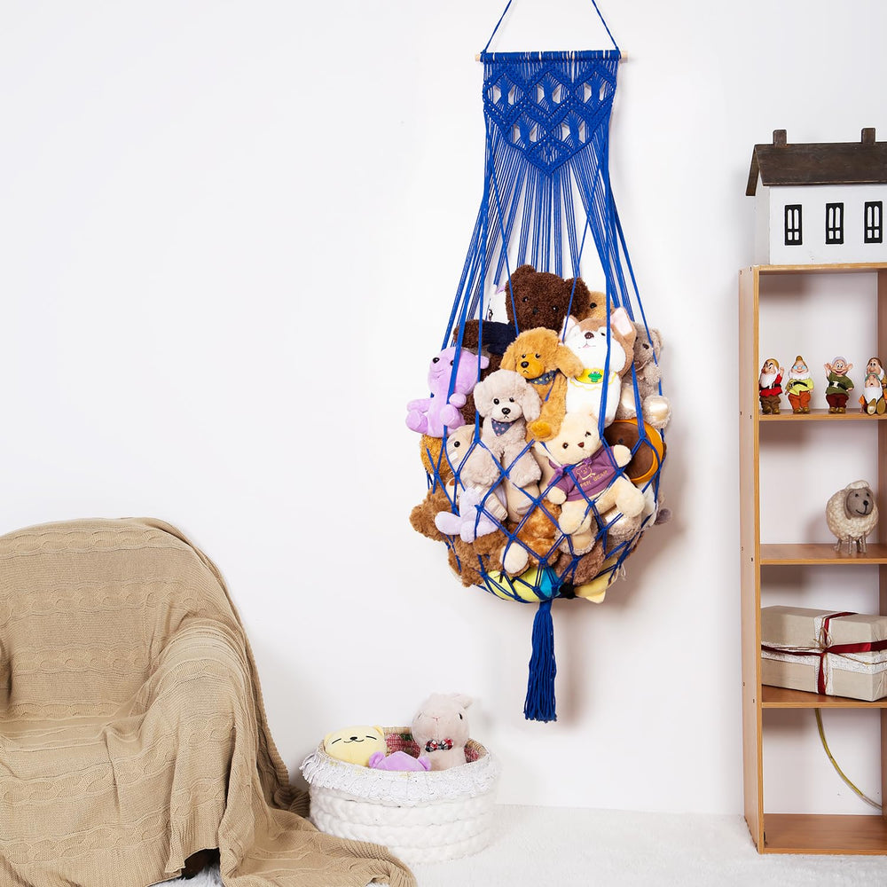 Amdermi macrame wall hanging upper with tassels adds boho charm while storing plush toys.
