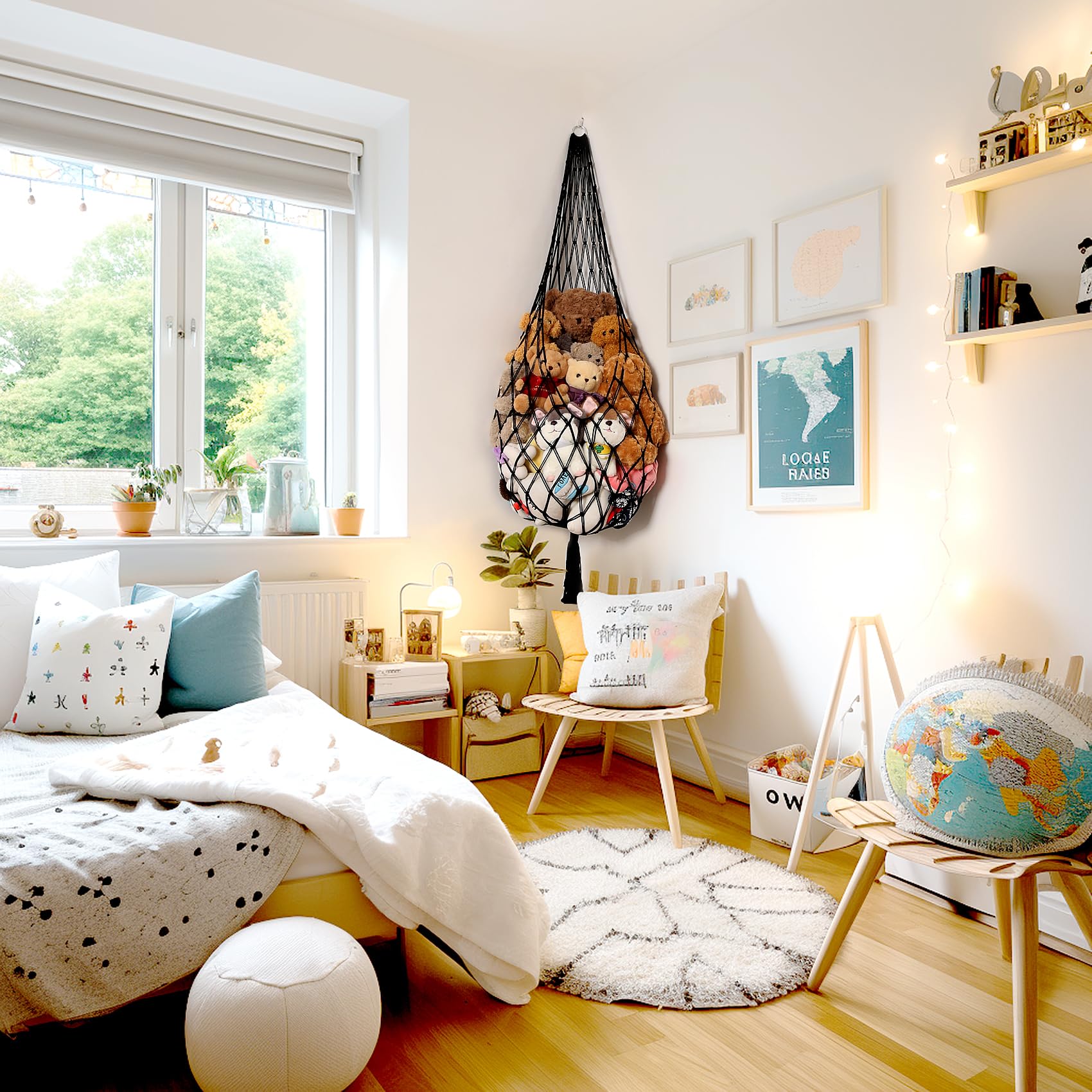 Amdermi multifunctional storage hammock holds plush toys, pillows, towels, and more.