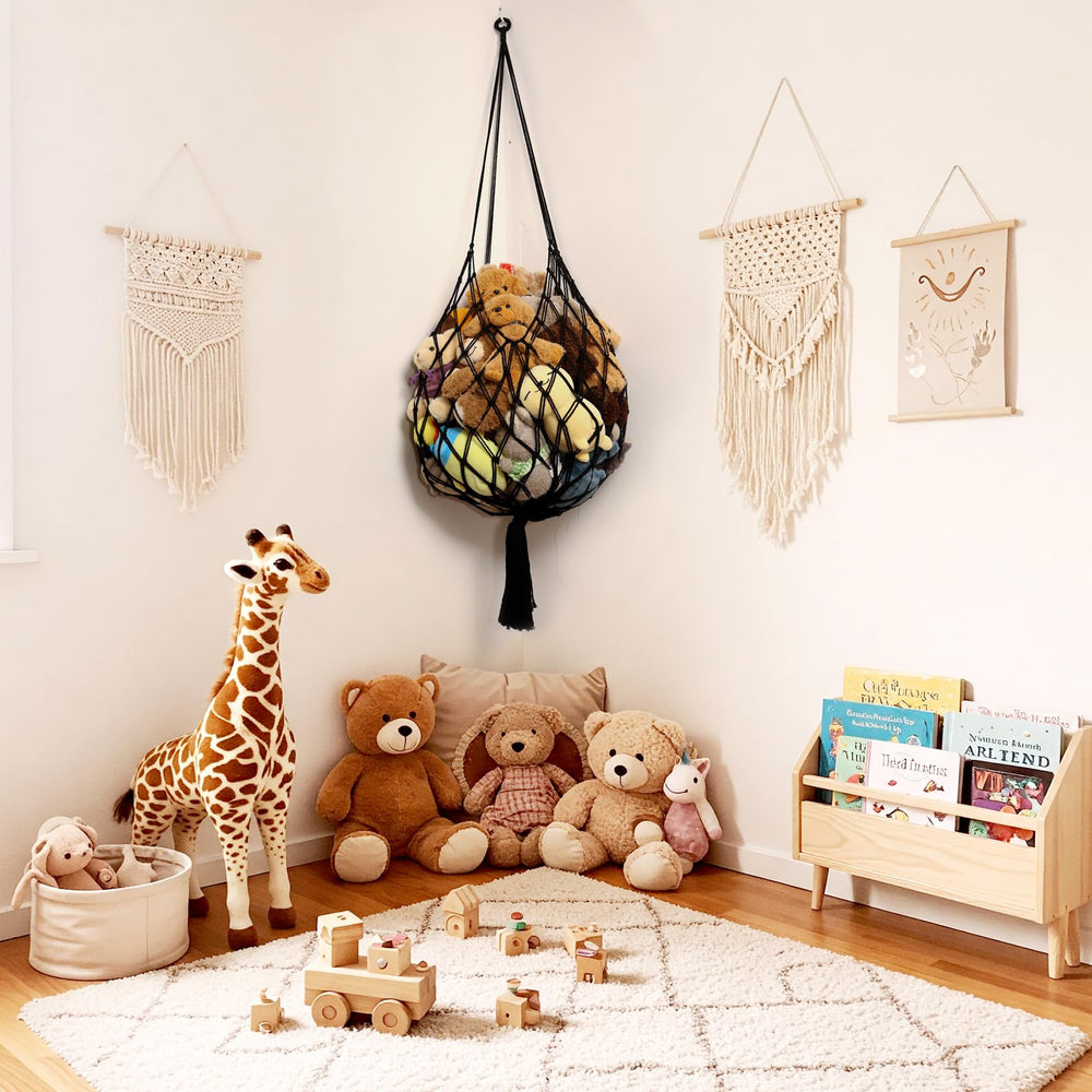 Amdermi hammock mounted to ceiling displays plush collection for easy access.
