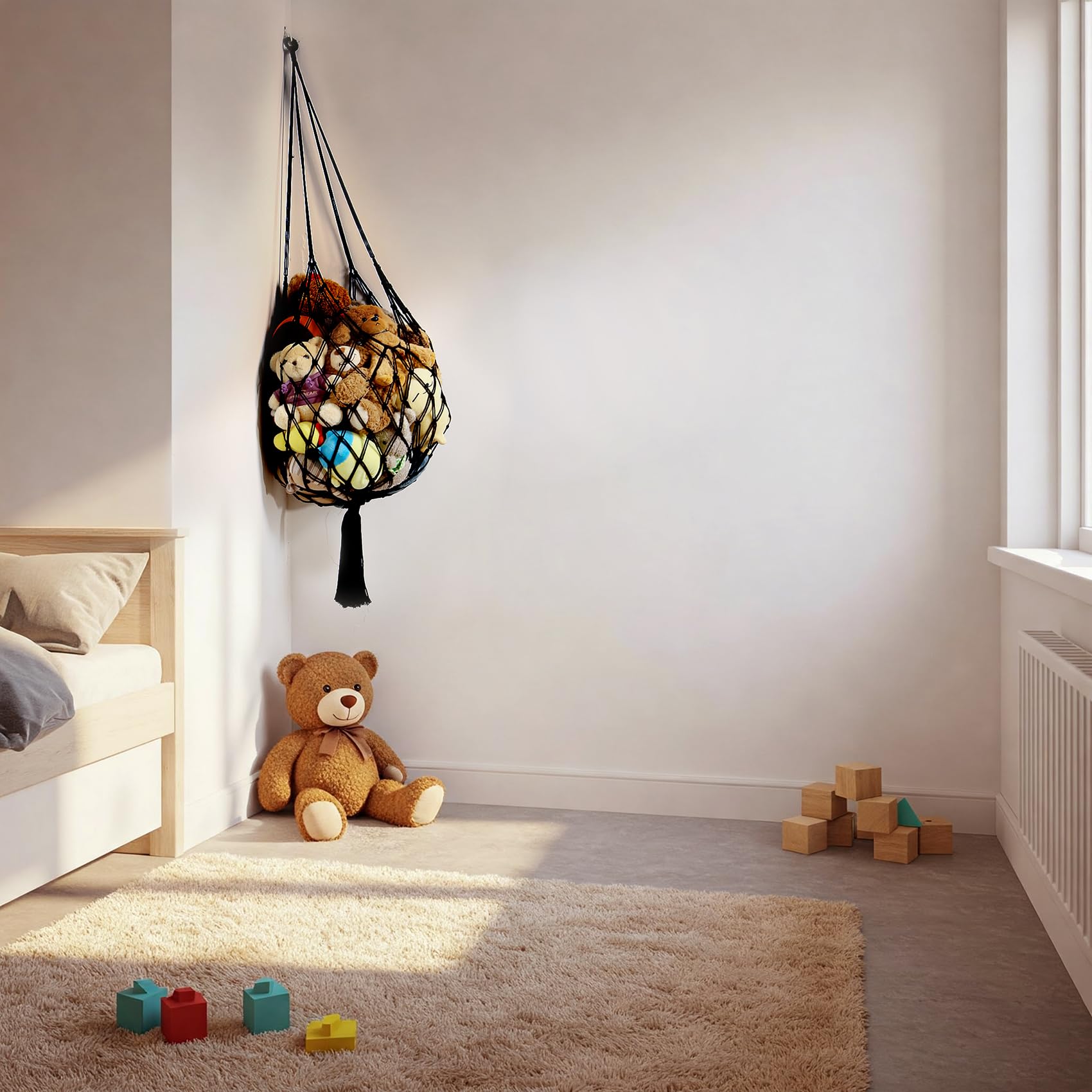 Soft cotton rope construction provides durable, cozy storage for toys.