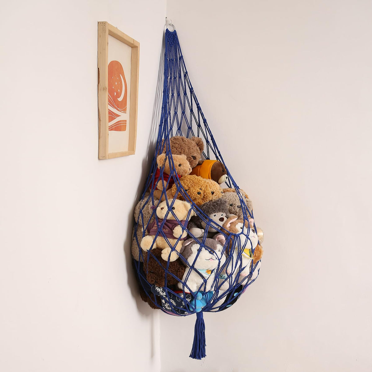 Amdermi blue XL stuffed animal storage hammock front view for neat plush display