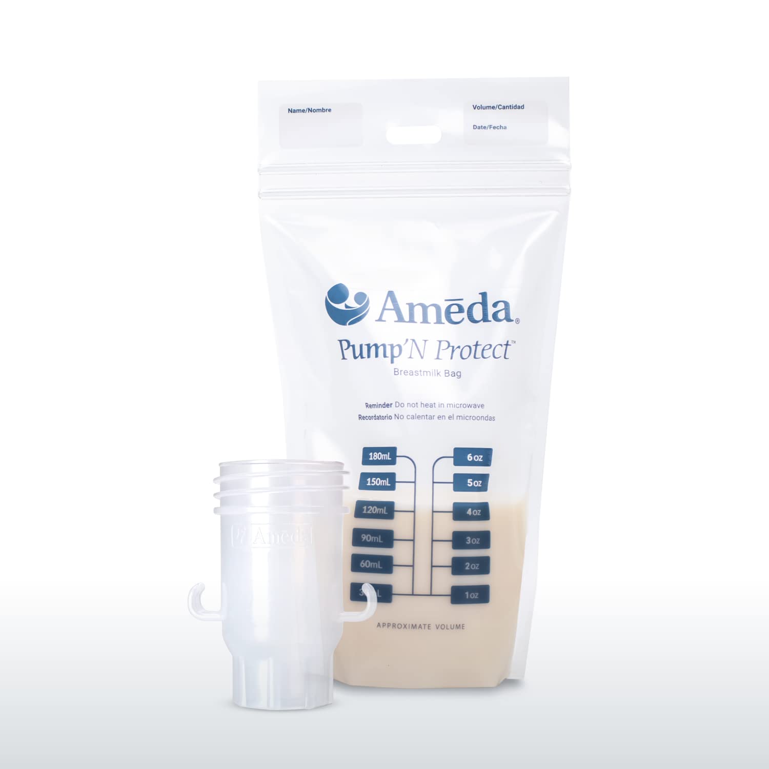 Ameda bag adapters shown for direct pumping into milk storage bags.
