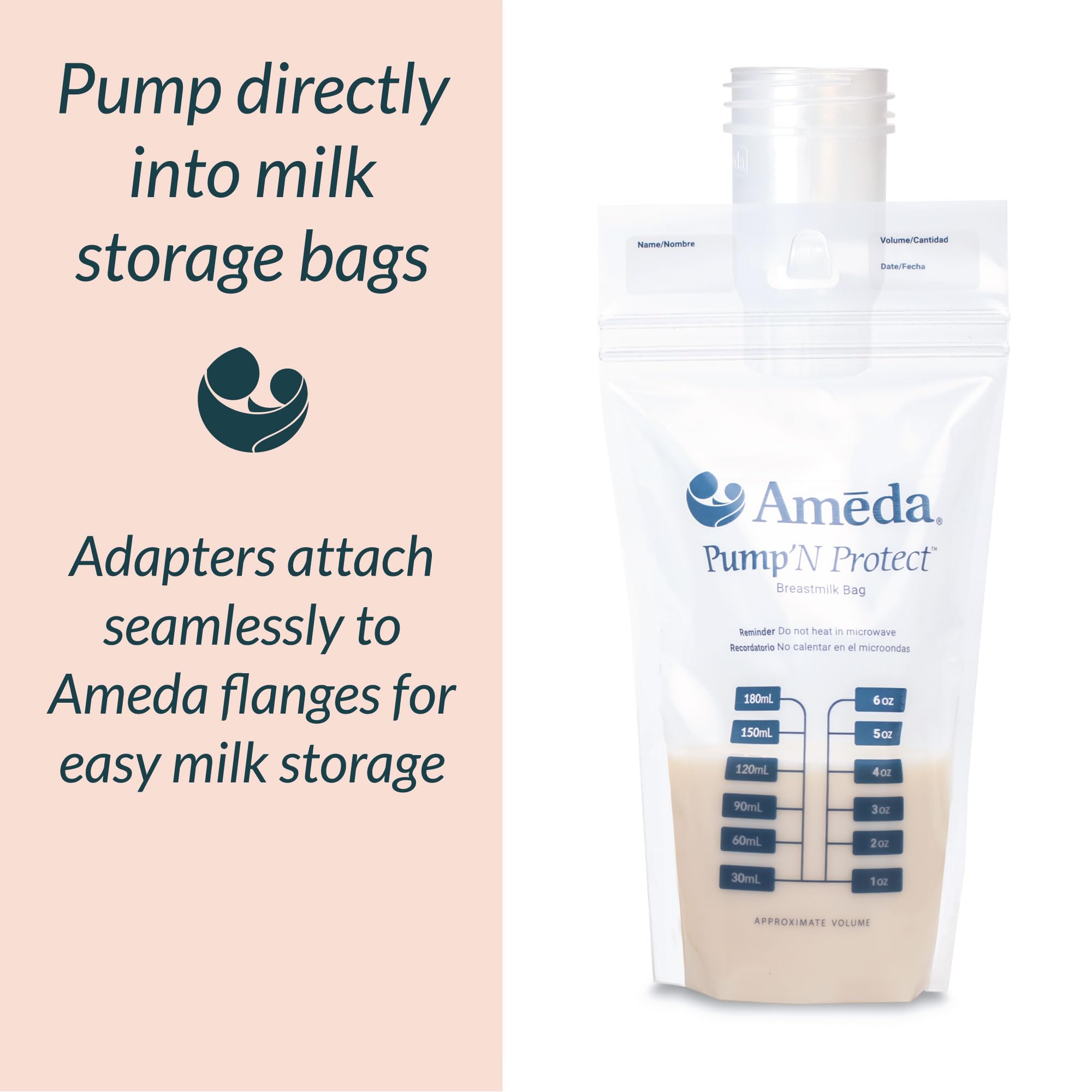 Ameda bag adapters enabling direct pumping into milk storage bags.