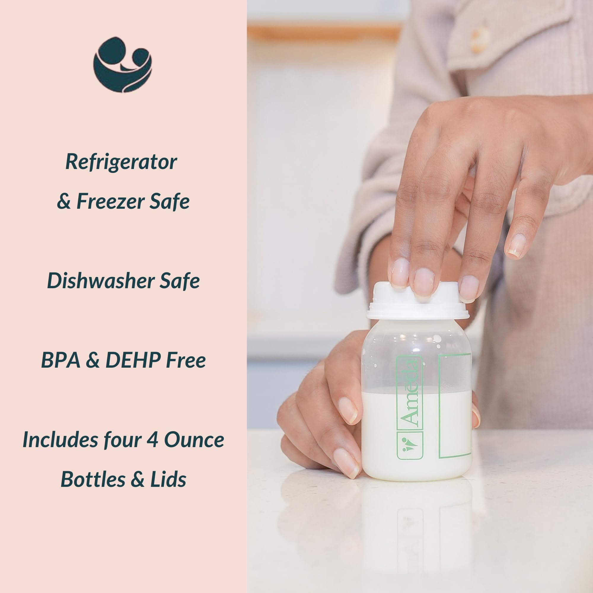 Ameda bottle shows measurement markings for easy tracking.