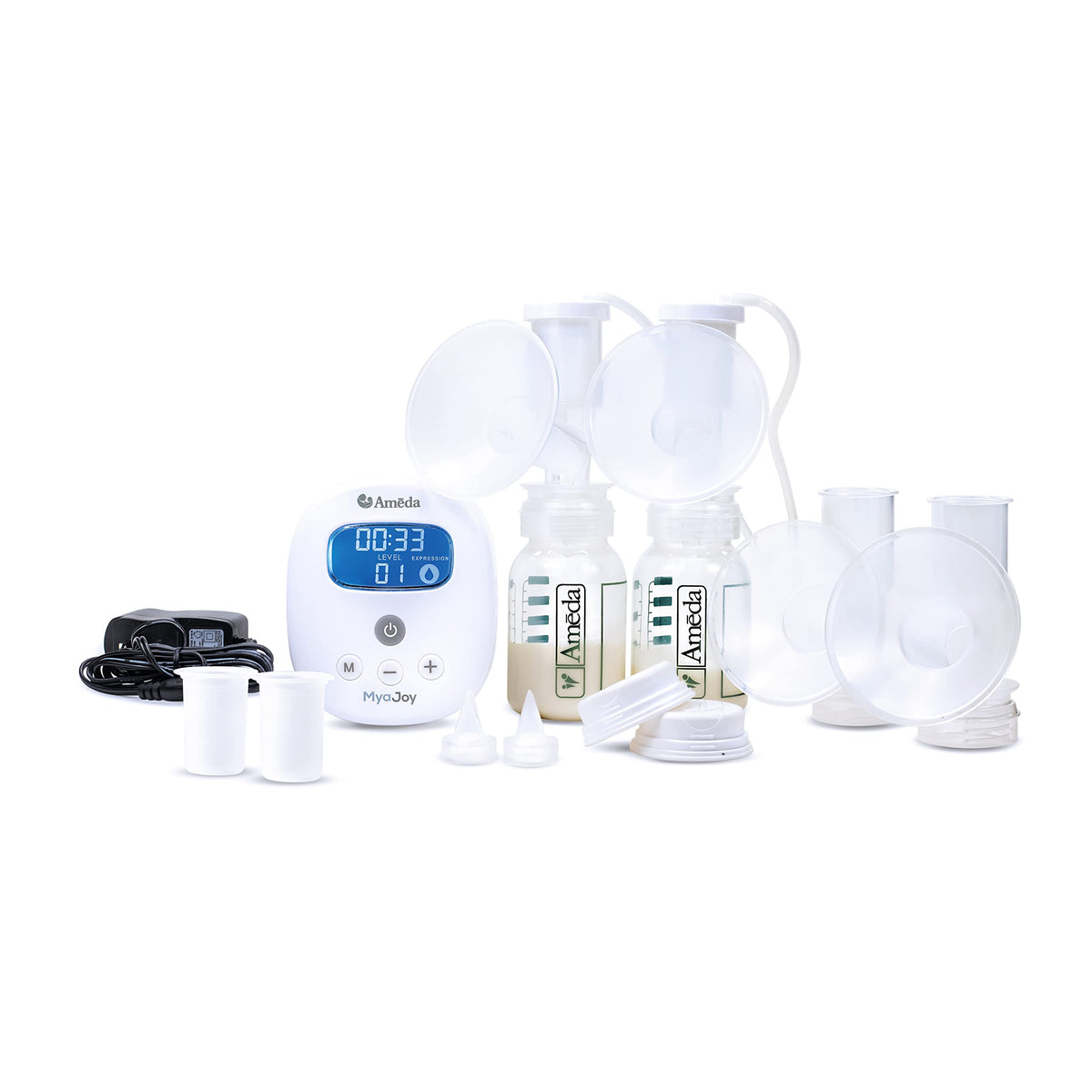 Ameda MYA Joy front view showing compact, portable design for on-the-go pumping
