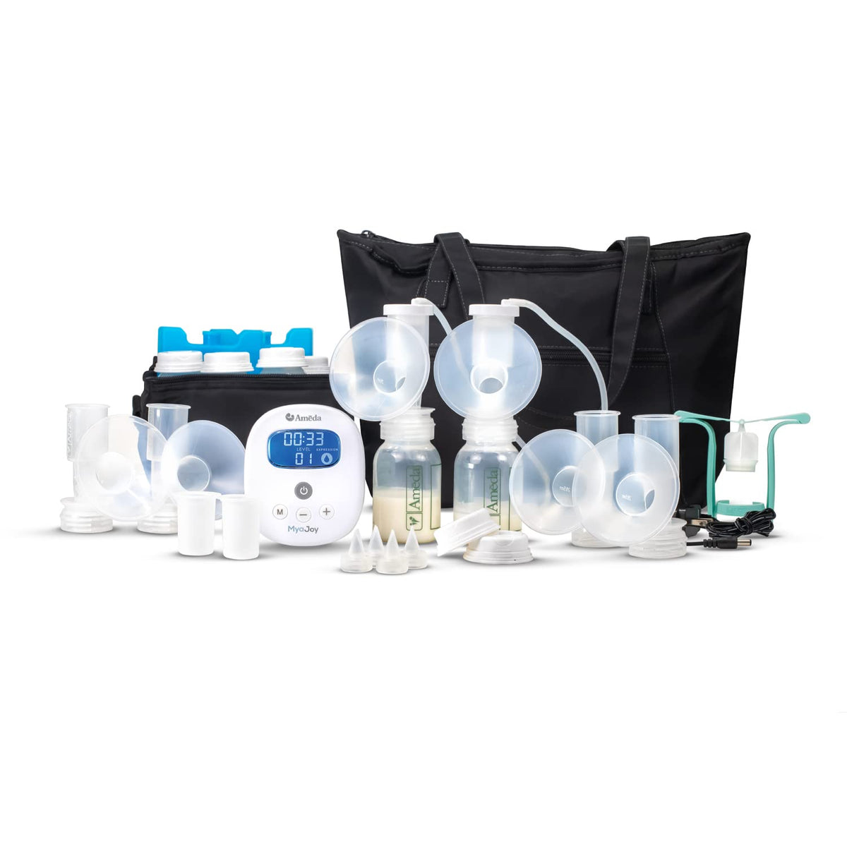 Ameda MYA Joy front view with double pump setup for efficient milk expression.