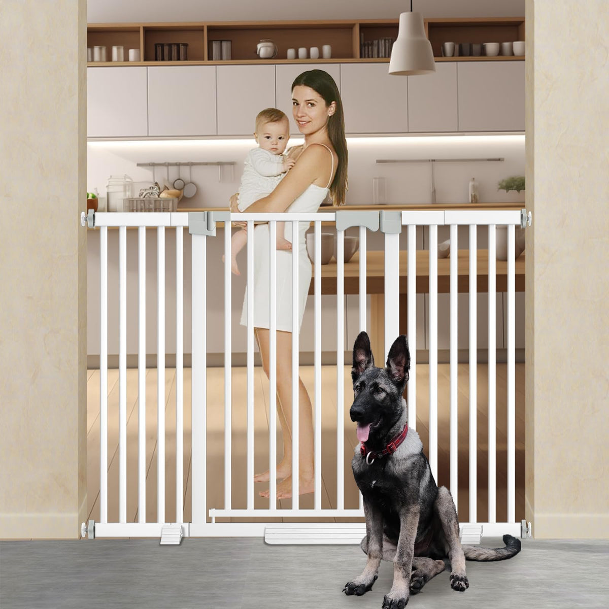 Amibud 41-inch extra tall gate in white showing auto-close feature.