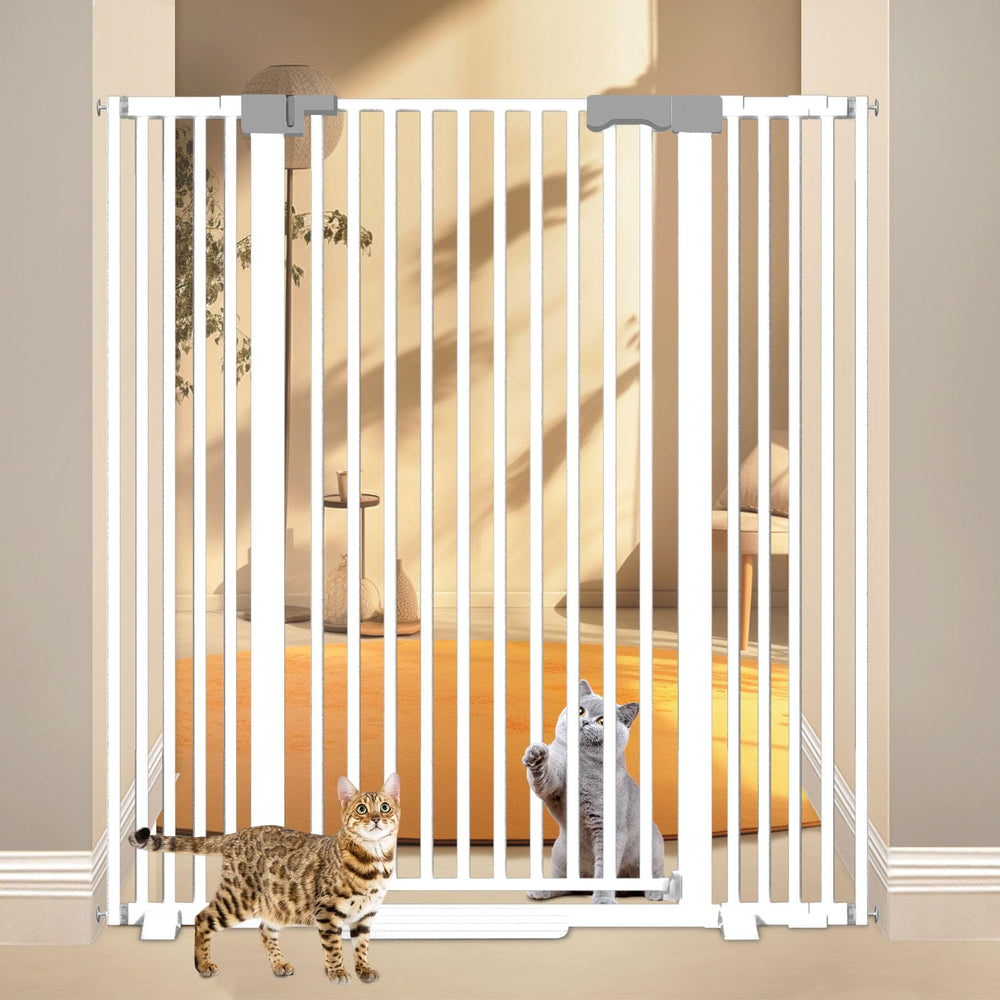 Amibud 51-inch extra tall cat gate blocks doorway access for energetic felines.