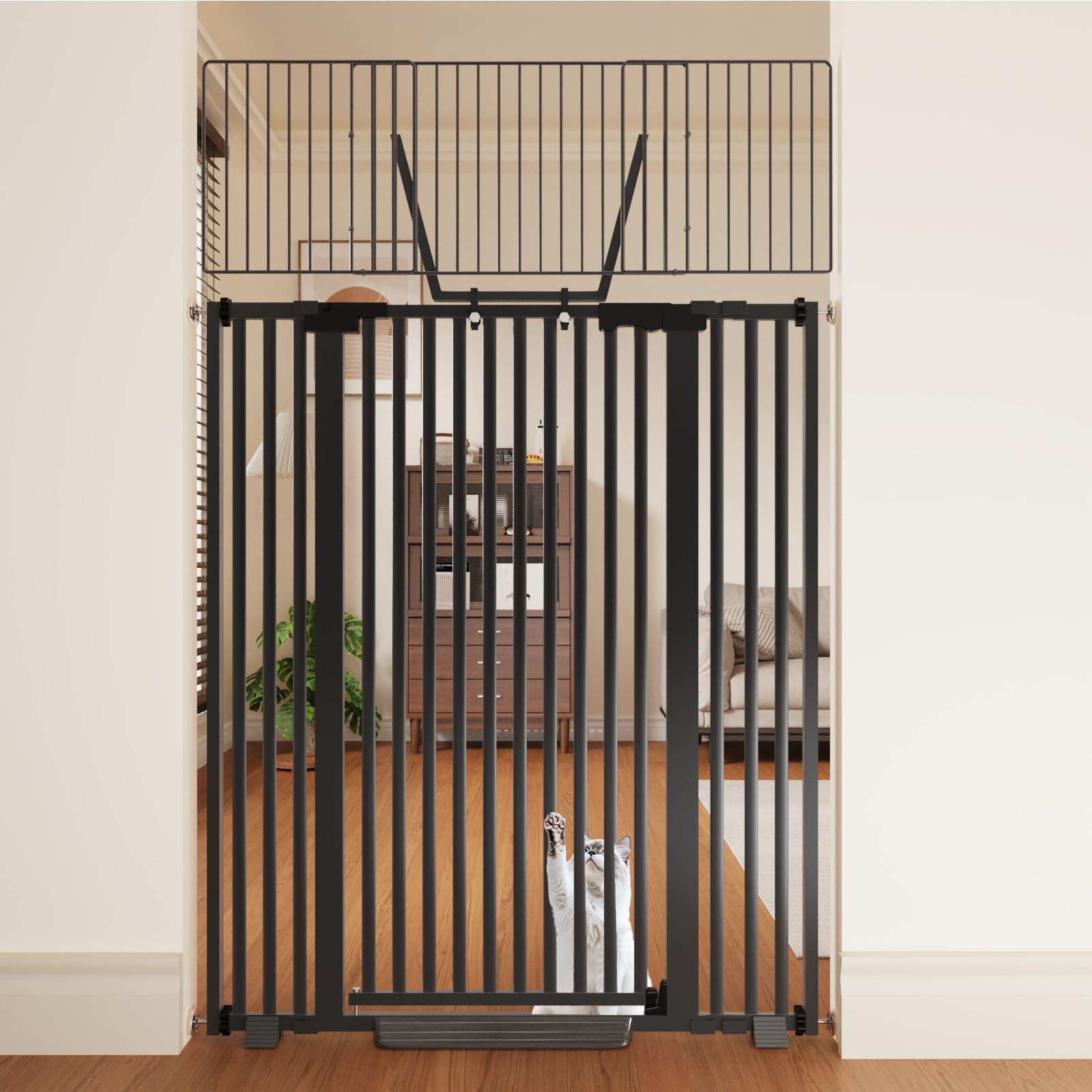 Amibud 67-inch cat gate set up in a doorway for tall cat containment