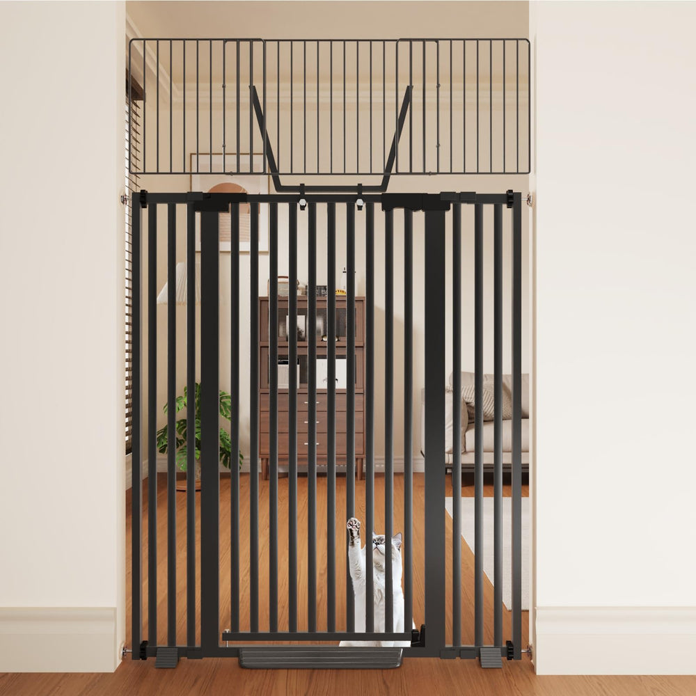 Amibud 67-inch cat gate set up in a doorway for tall cat containment