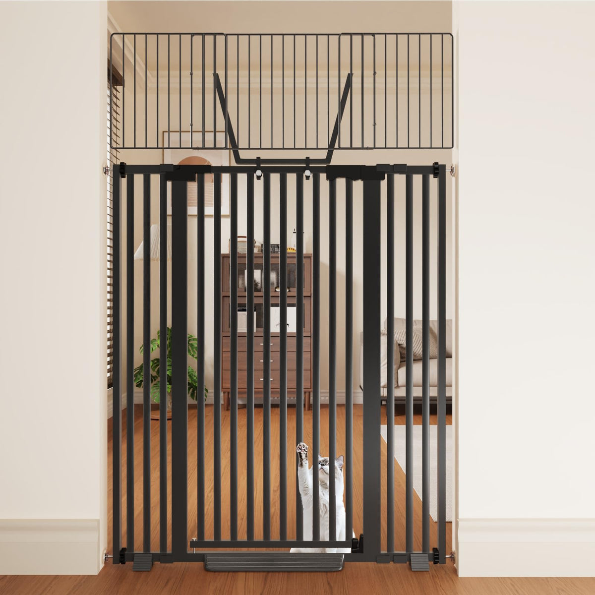 Amibud 67-inch cat gate set up in a doorway for tall cat containment