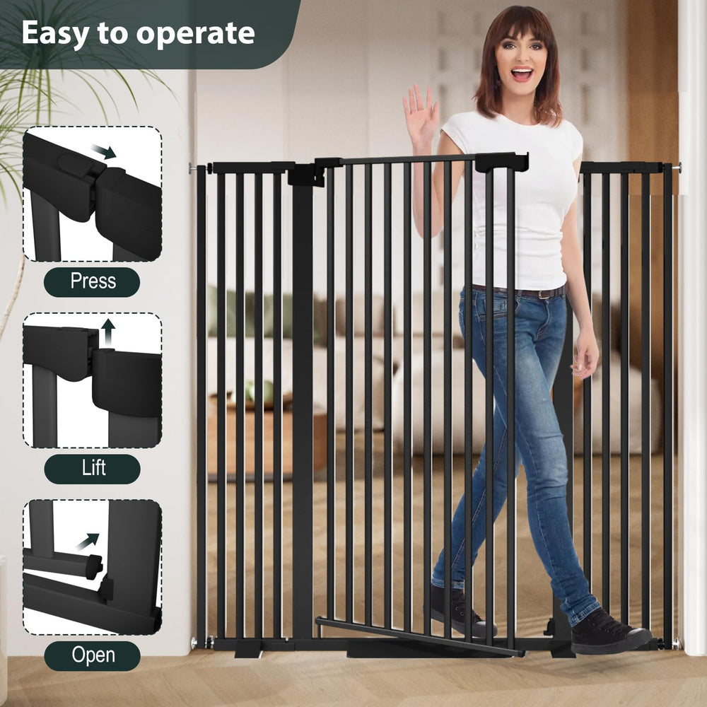 Amibud black tall gate fits doorways with modern style.