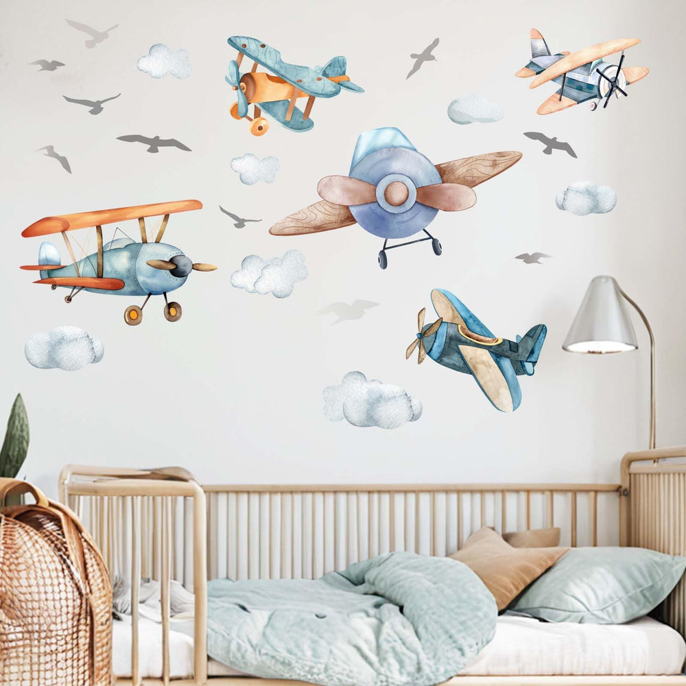 Amimagen airplane wall stickers baby room setup creates a gentle imaginative backdrop.