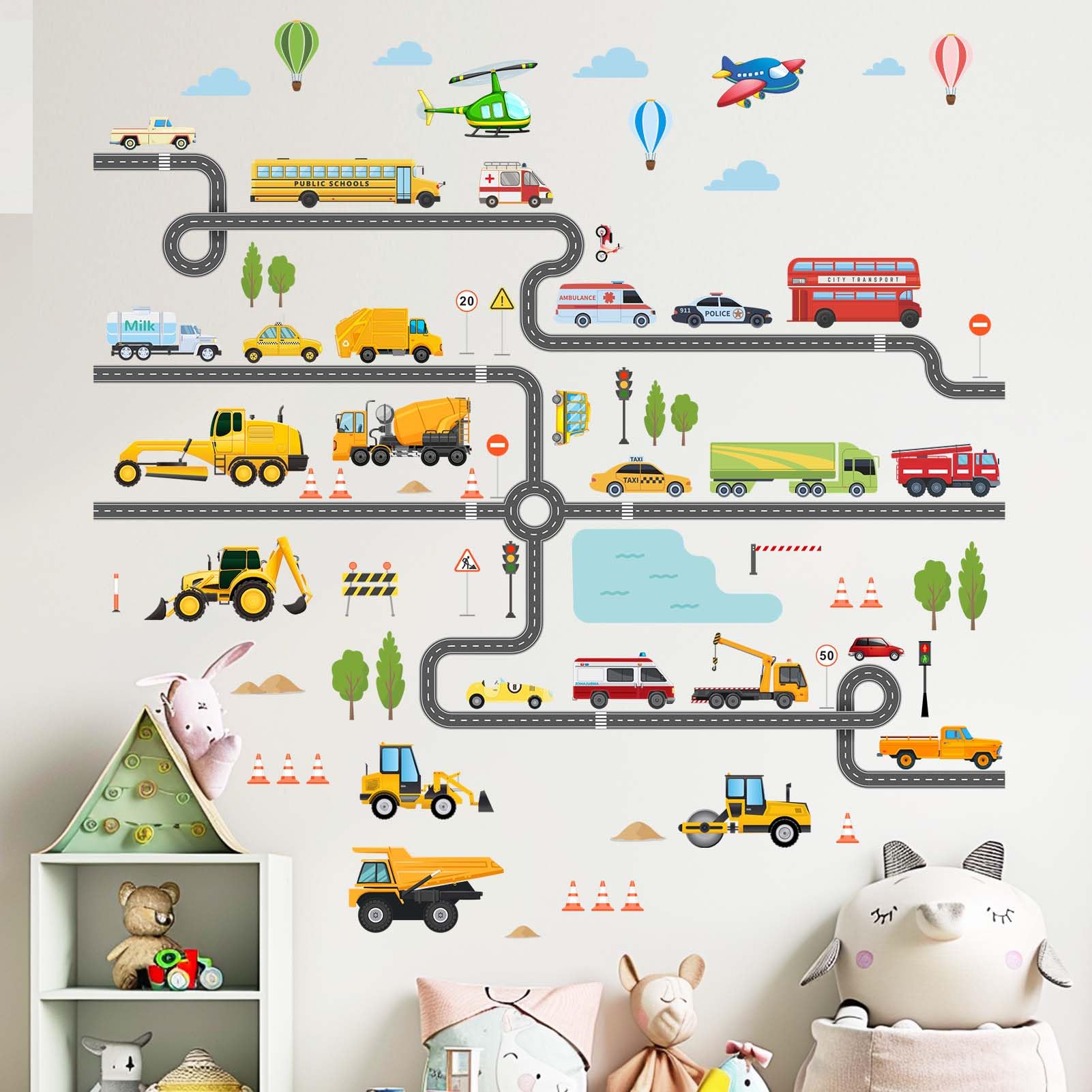 Amimagen construction vehicles wall sticker with excavator detail for a lively playroom.