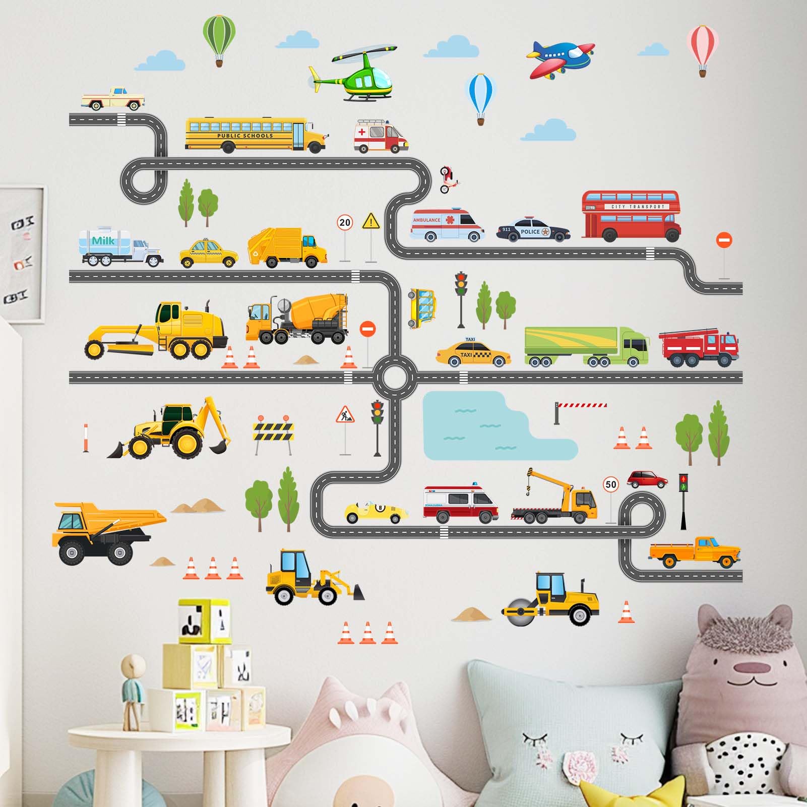 Amimagen construction vehicles wall stickers featuring trucks for playful room decor.