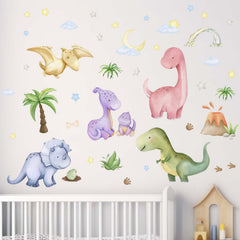 Amimagen dinosaur wall decals with dino eggs, leaves, and palm trees for classroom accents.