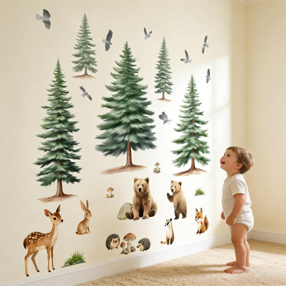 Amimagen forest-themed nursery wall stickers removable for easy updates.