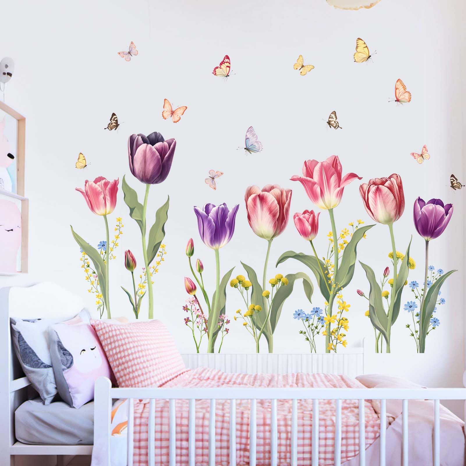 Amimagen pink and purple tulips invite calming decor above a crib or bed.