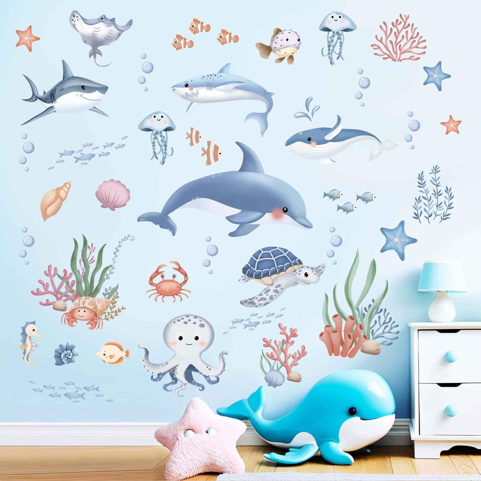 Amimagen Ocean sharks wall sticker for easy, residue-free kids' room decor.