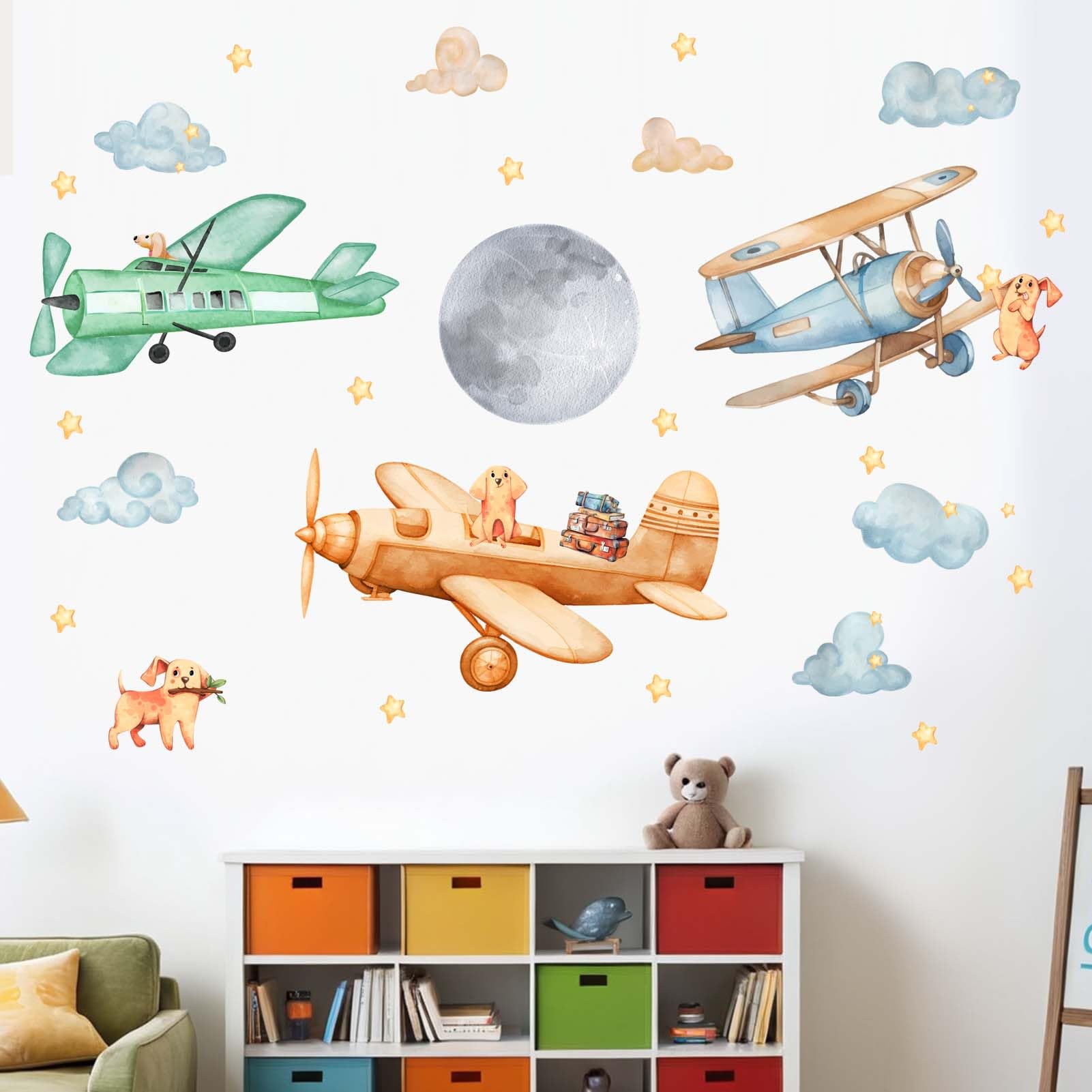 Amimagen puppy aircraft wall stickers add color to playrooms and stay durable.