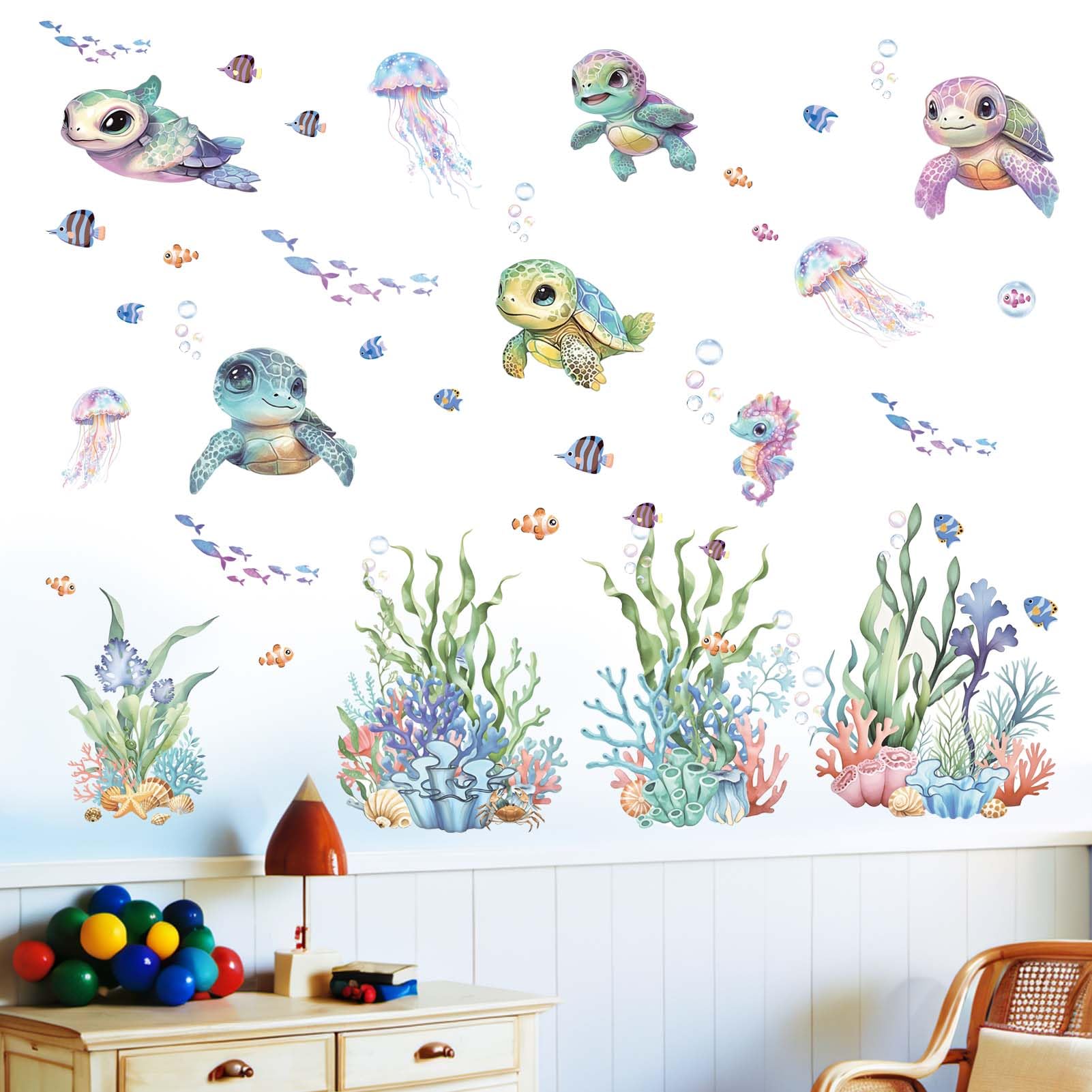 Amimagen sea turtle wall stickers create a calming nursery atmosphere.