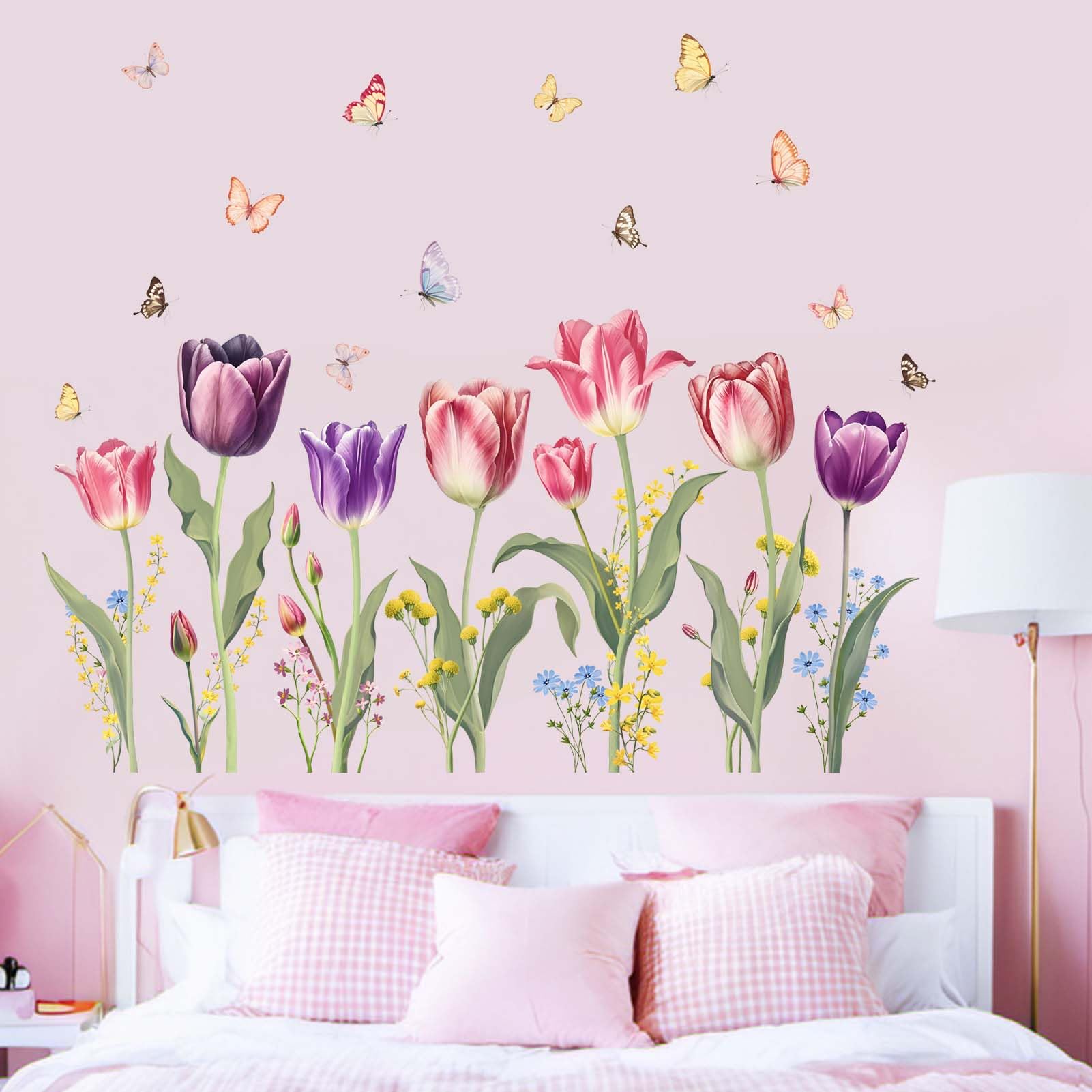 Amimagen flower wall stickers with butterflies brighten nurseries with whimsical pastel accents.