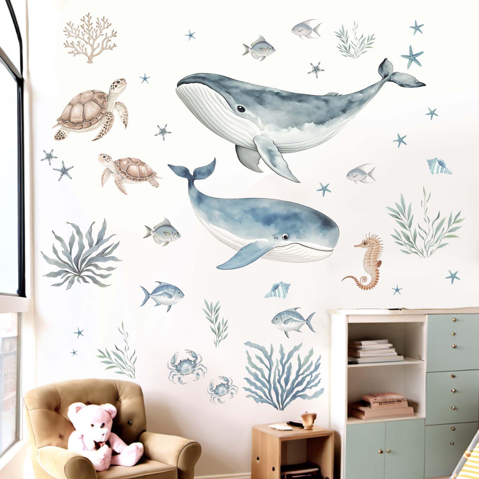 Amimagen whale wall sticker with turtle creating a playful undersea nursery scene