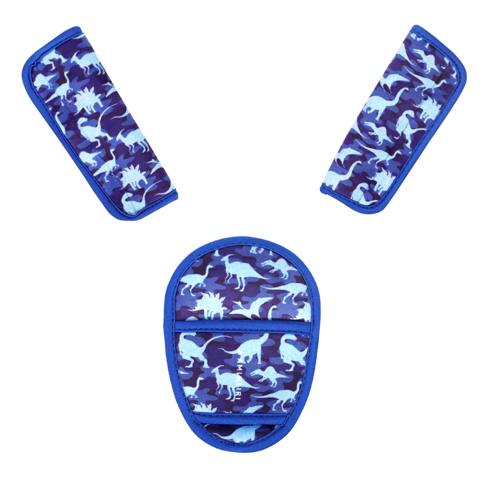 Amintiri Navy Dinosaur strap pad close-up shows plush softness for shoulders