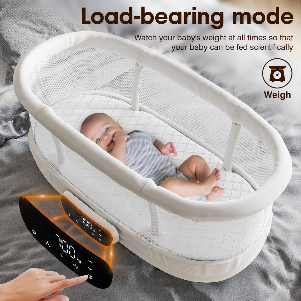 AMKE bassinet demonstrating five rocking motions to soothe newborns
