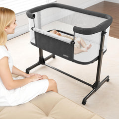 AMKE baby bassinet bedside sleeper side view for convenient bedside use.