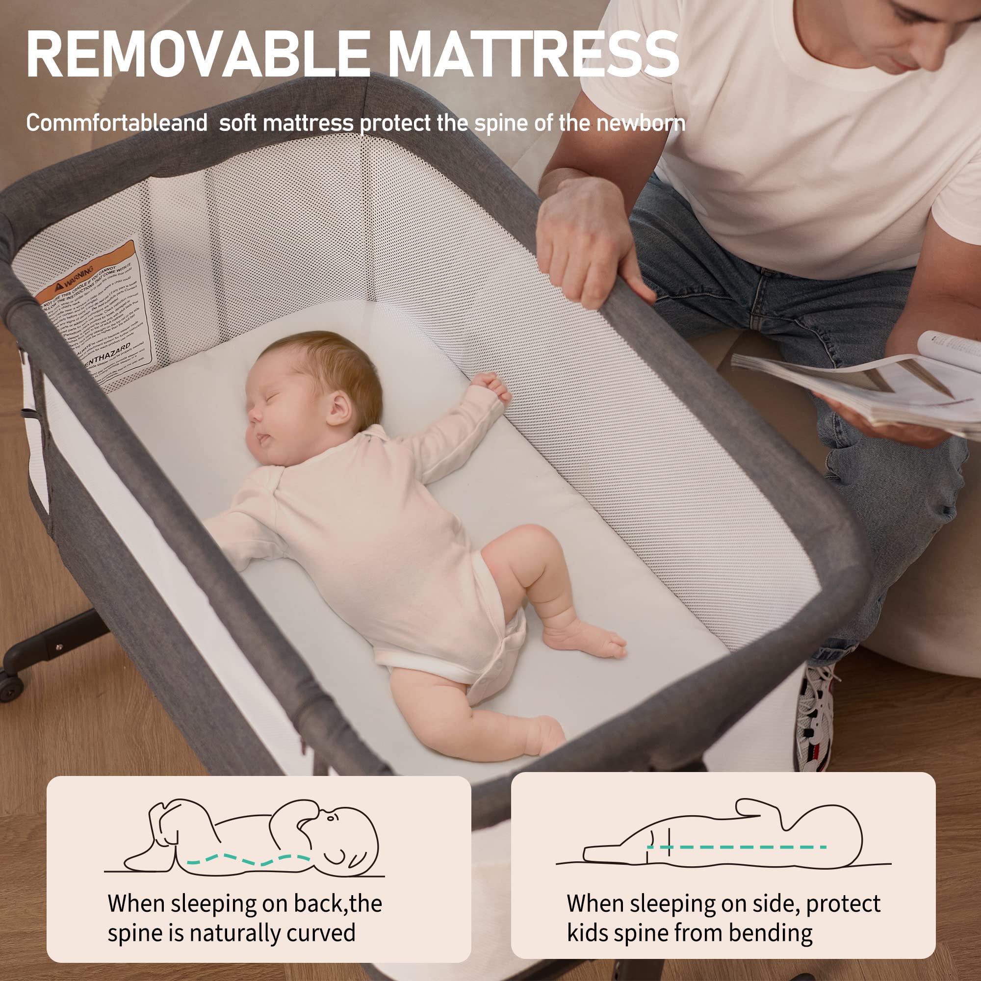 AMKE baby bassinet bedside sleeper with lockable wheels for easy mobility.