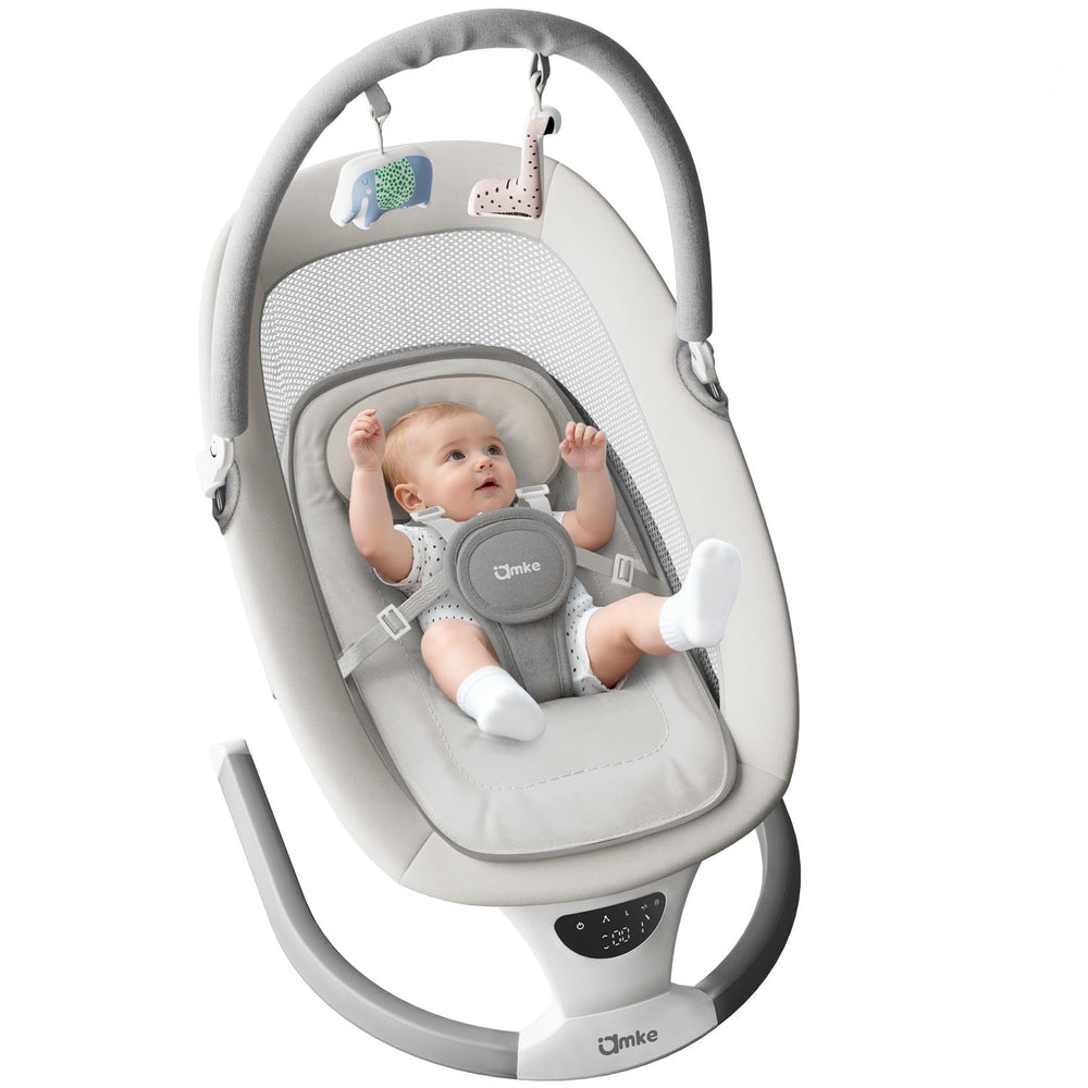 AMKE Baby Swing with a spacious seat for newborn comfort.