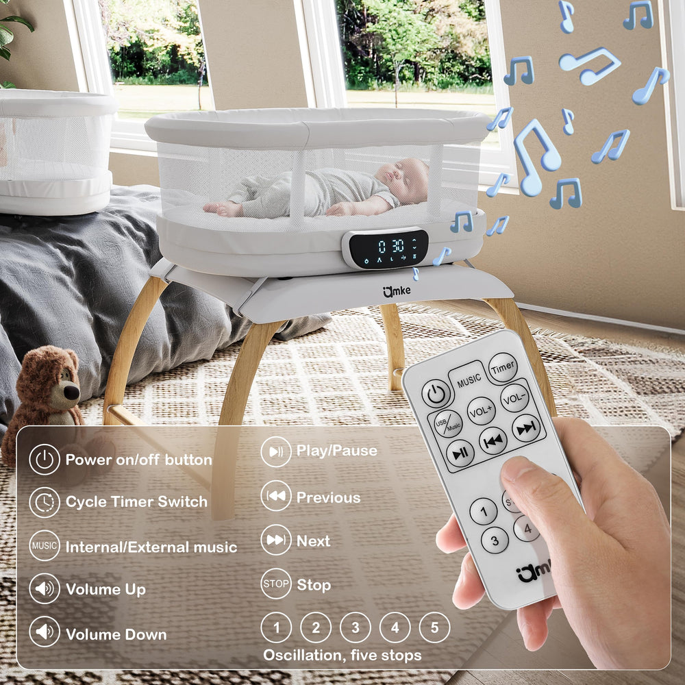 AMKE bedside bassinet shown with remote display for easy control
