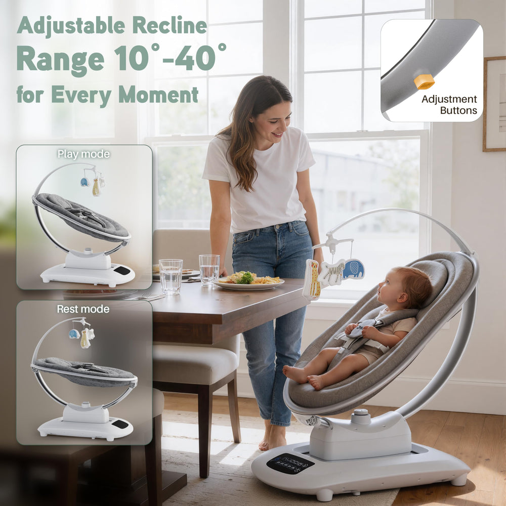 AMKE quick-adjust seat angle for comfy play, feeding, or quiet time