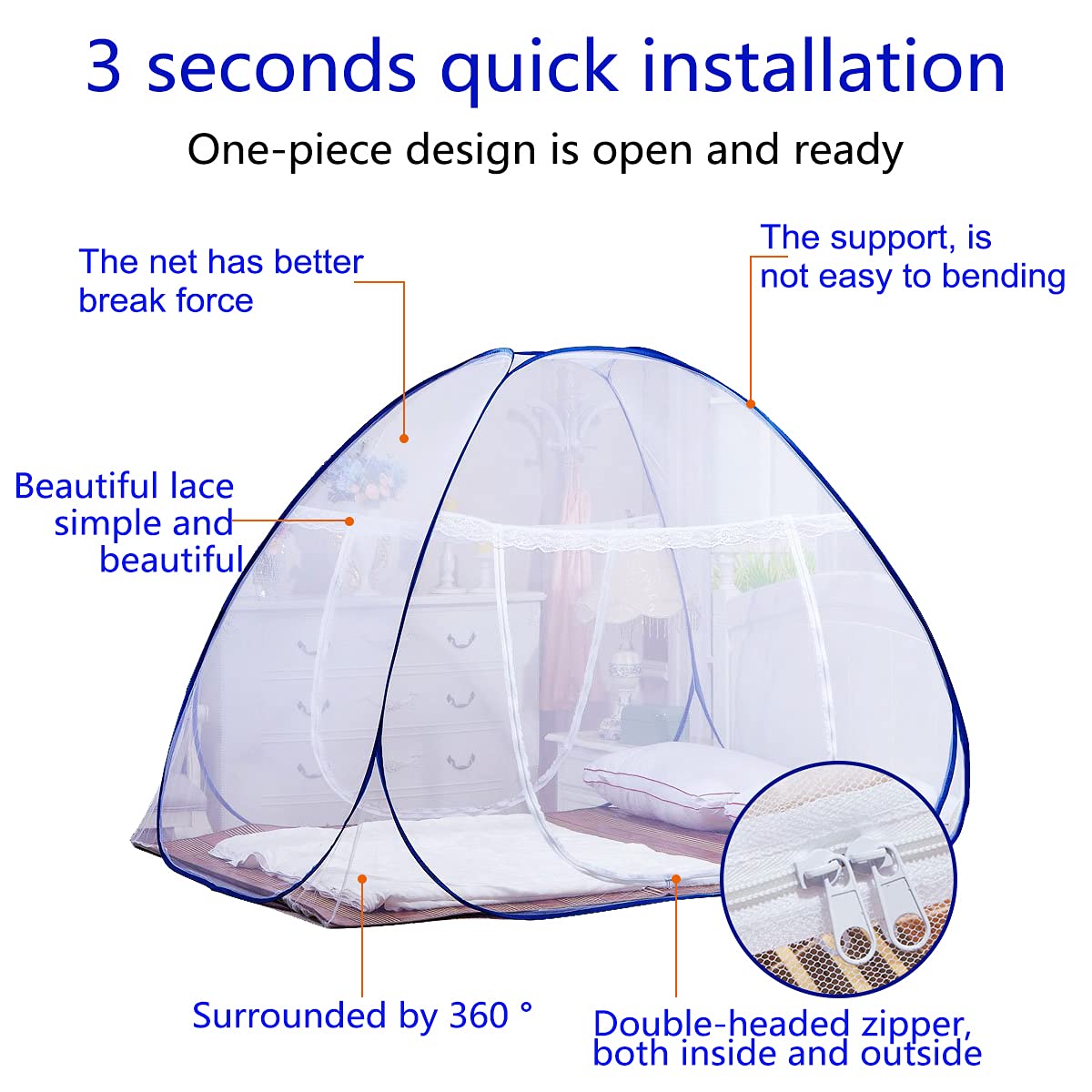 AMMER pop-up foldable mosquito net design for quick setup and travel-friendly portability