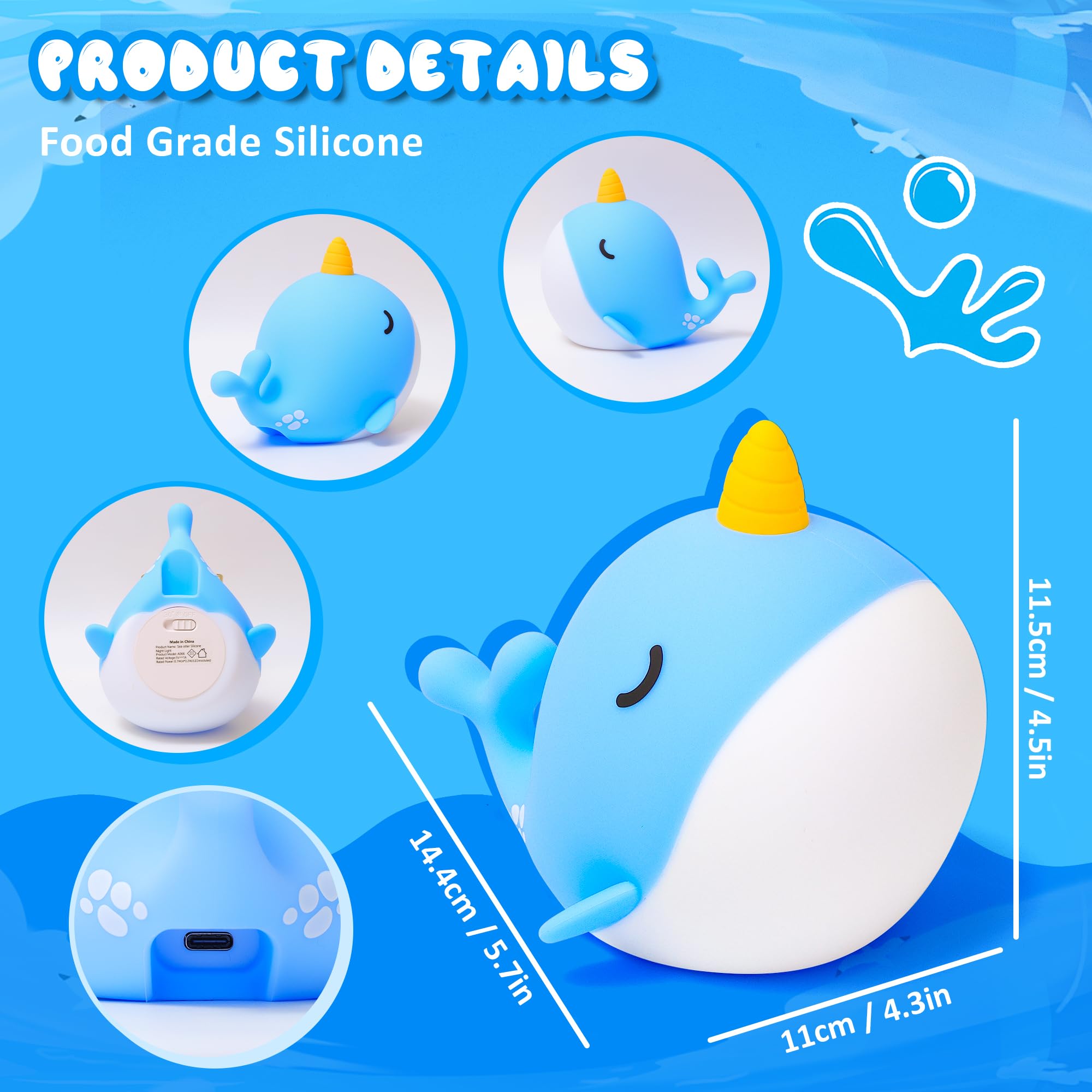 Ammonite Blue Narwhal night light ready as a thoughtful gift