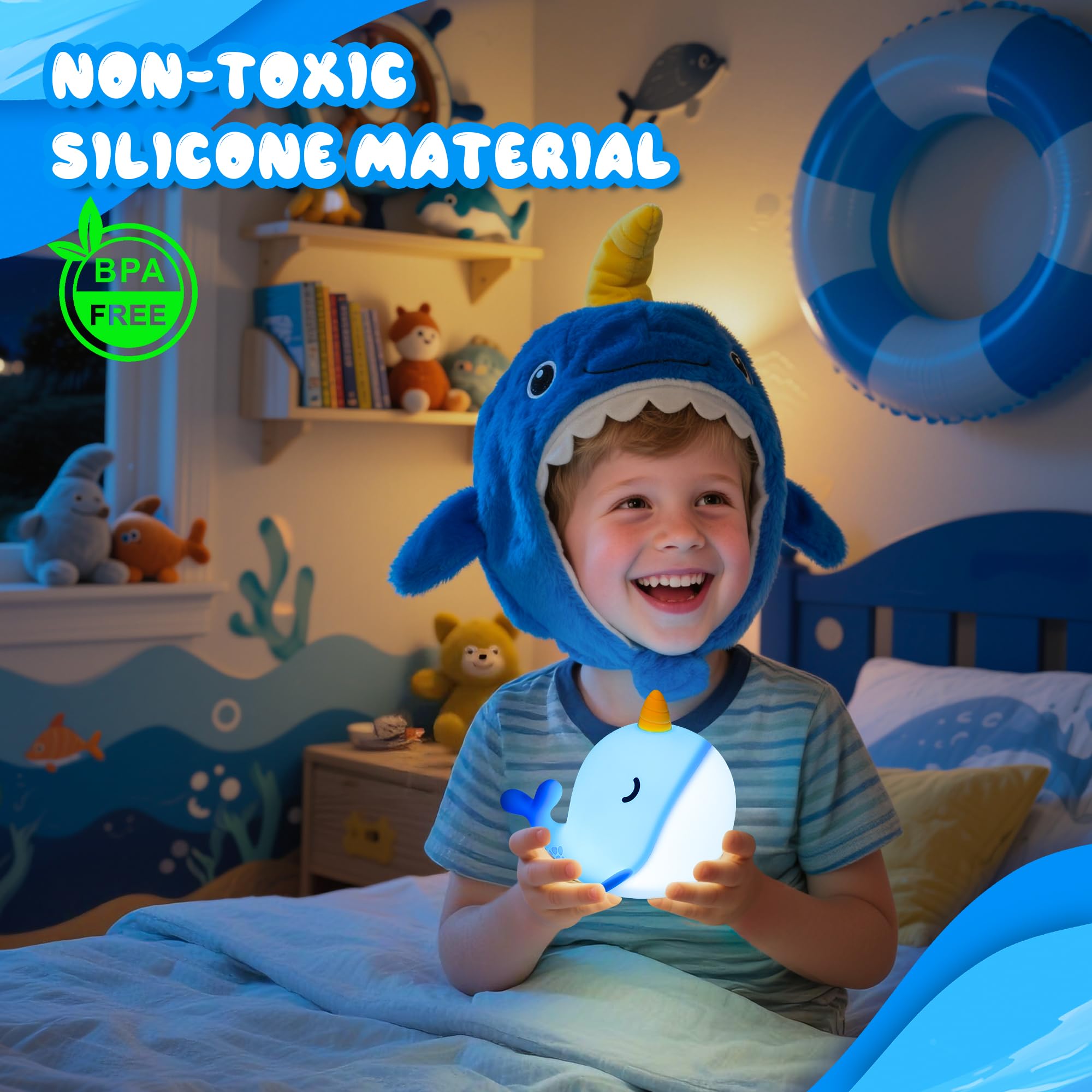 Ammonite Blue Narwhal night light with soft-touch silicone for safe use