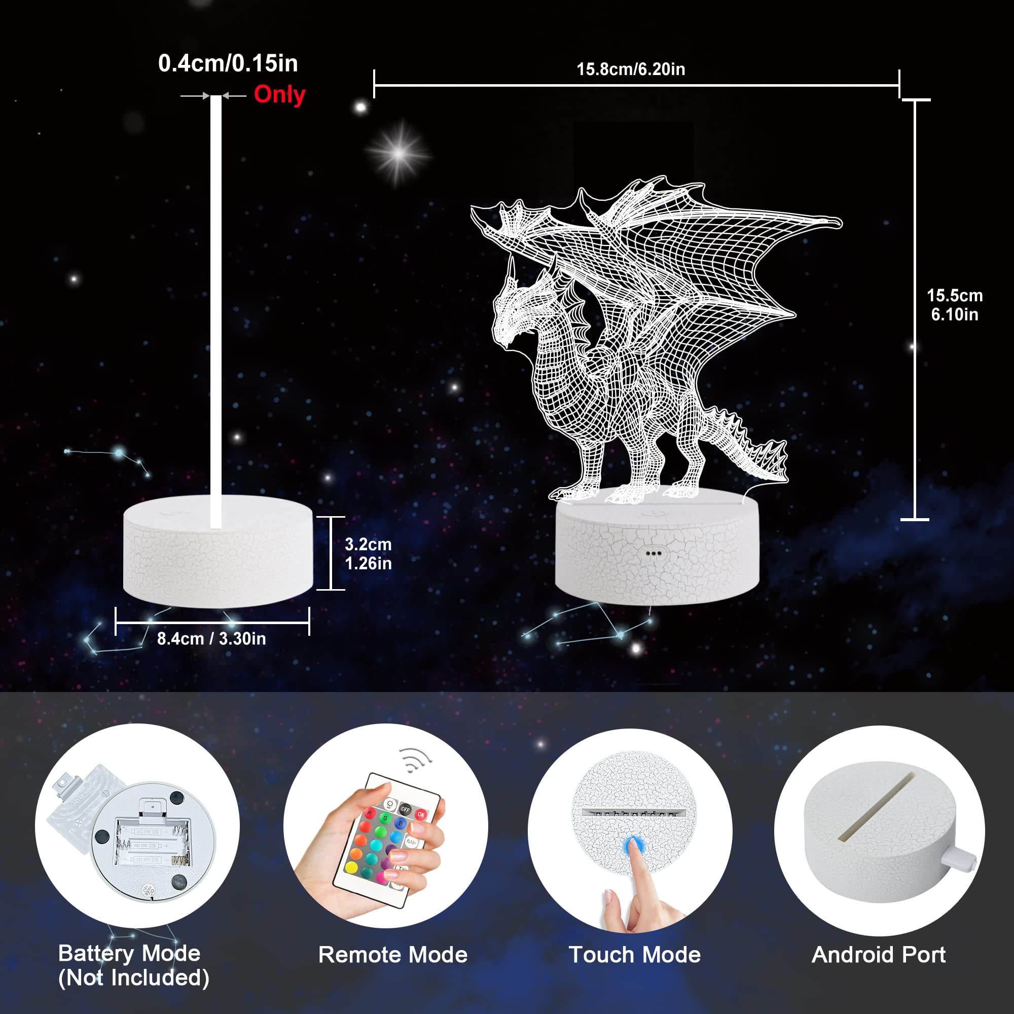 Ammonite Dragon Night Light powers via USB or battery.