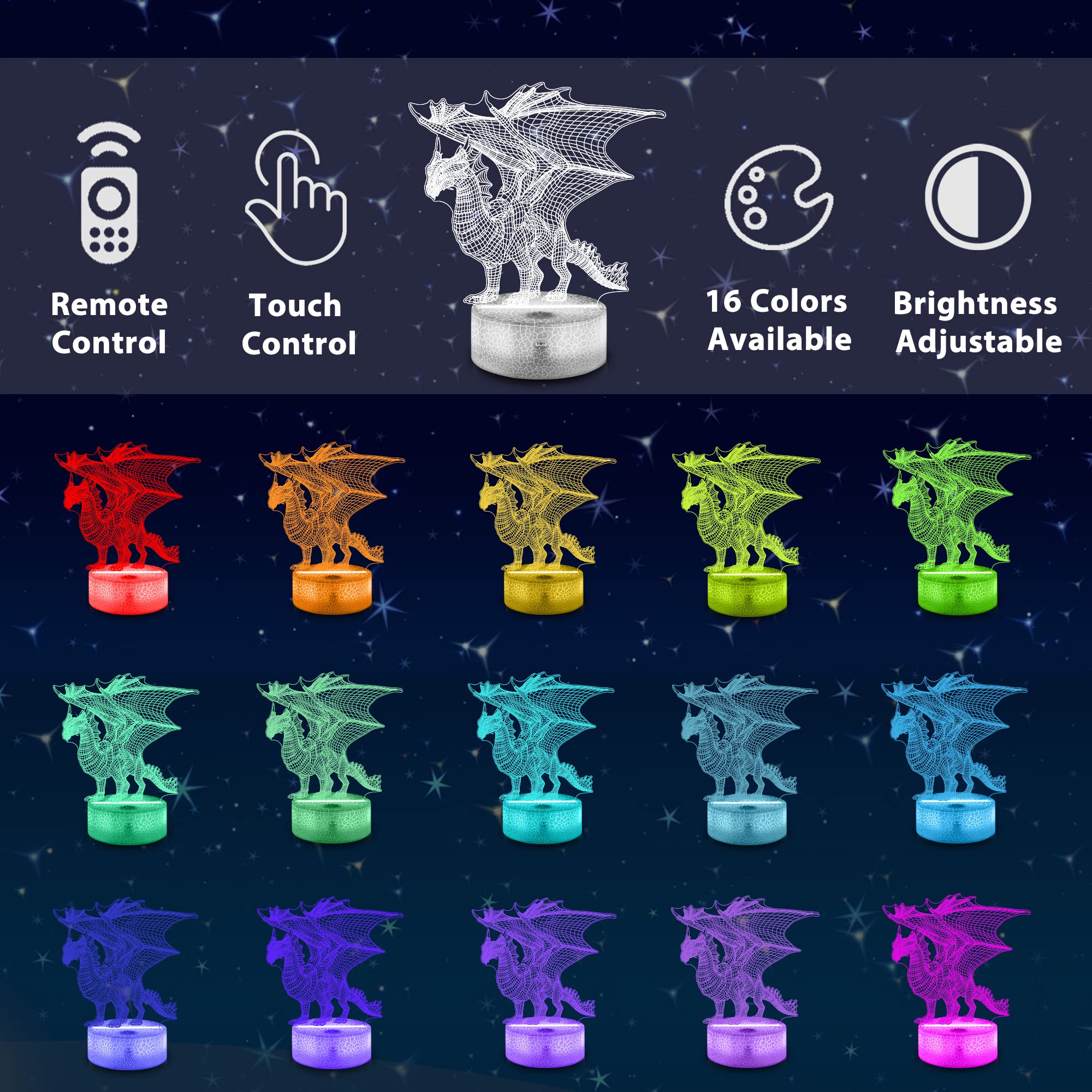 Ammonite dragon lamp with 16 colors and remote for mood lighting.