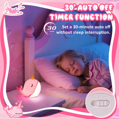 Ammonite Pink Narwhal Night Light in a dimmed mode for bedtime comfort