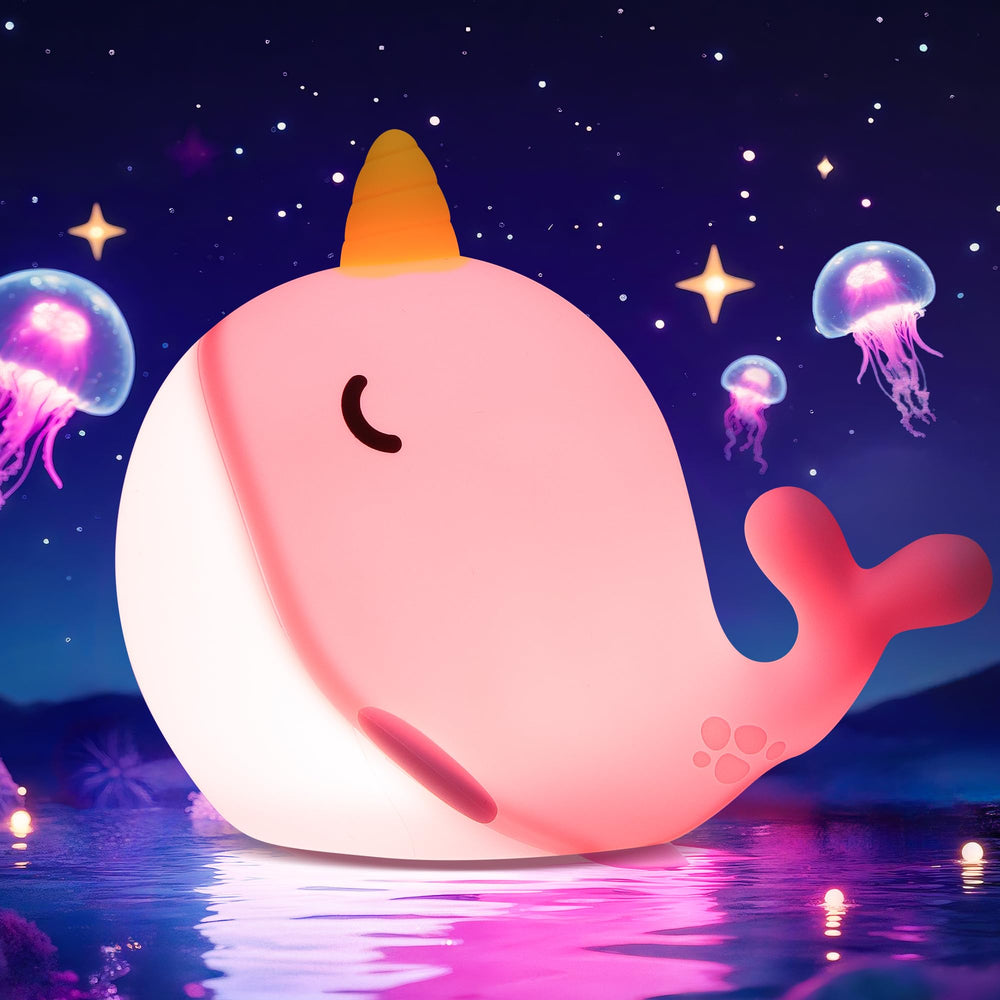 Ammonite Pink Narwhal Night Light close-up shows soft silicone finish and safe design