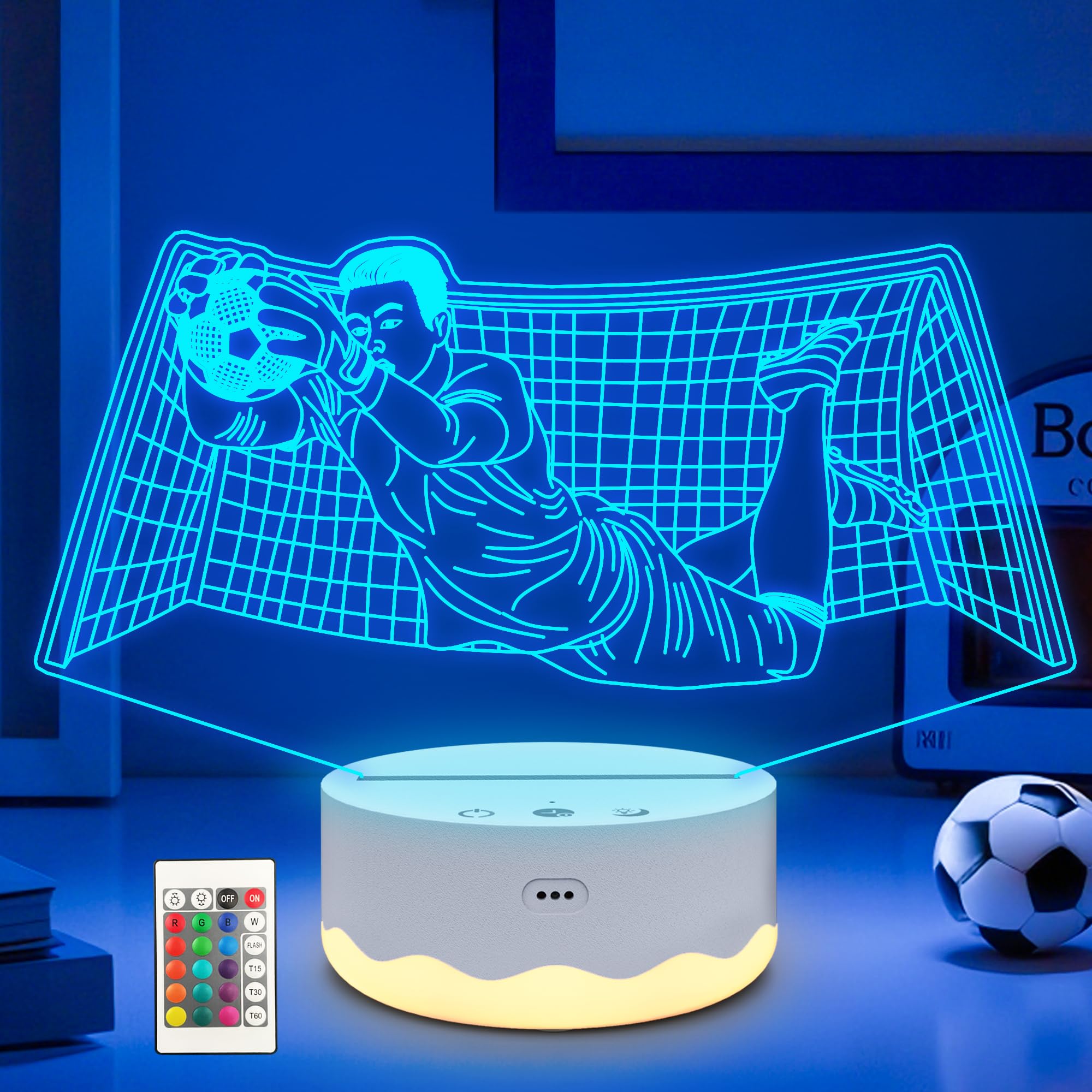Ammonite soccer goalie night light base glows softly for bedtime ambiance