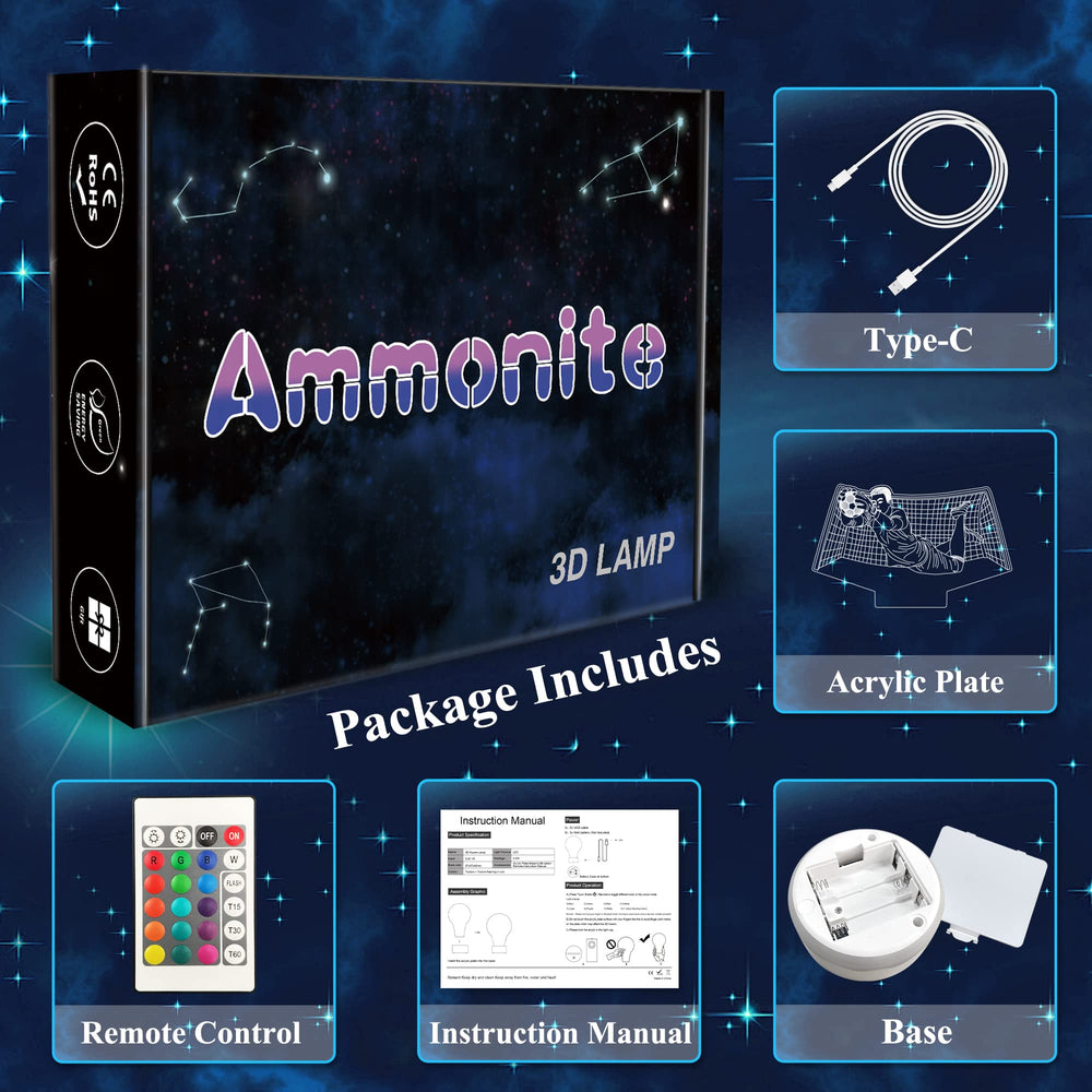 Ammonite soccer goalie night light illuminated pattern resembles 3D figure